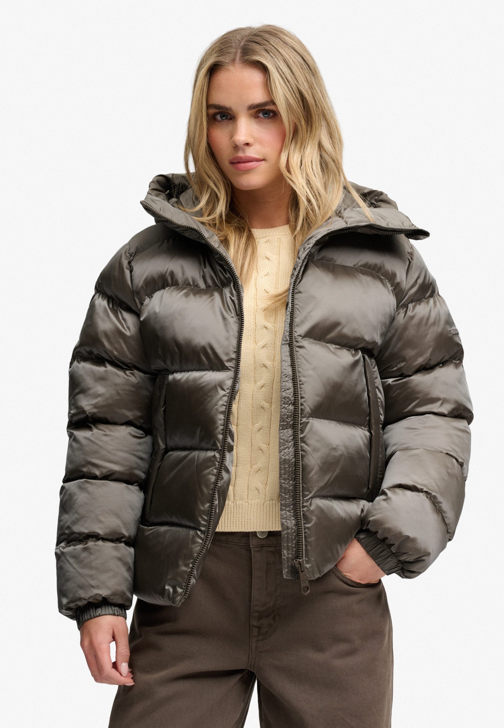 Superdry Outdoorjacke HOODED SHINE PUFFER JACKET Deep Khaki Green