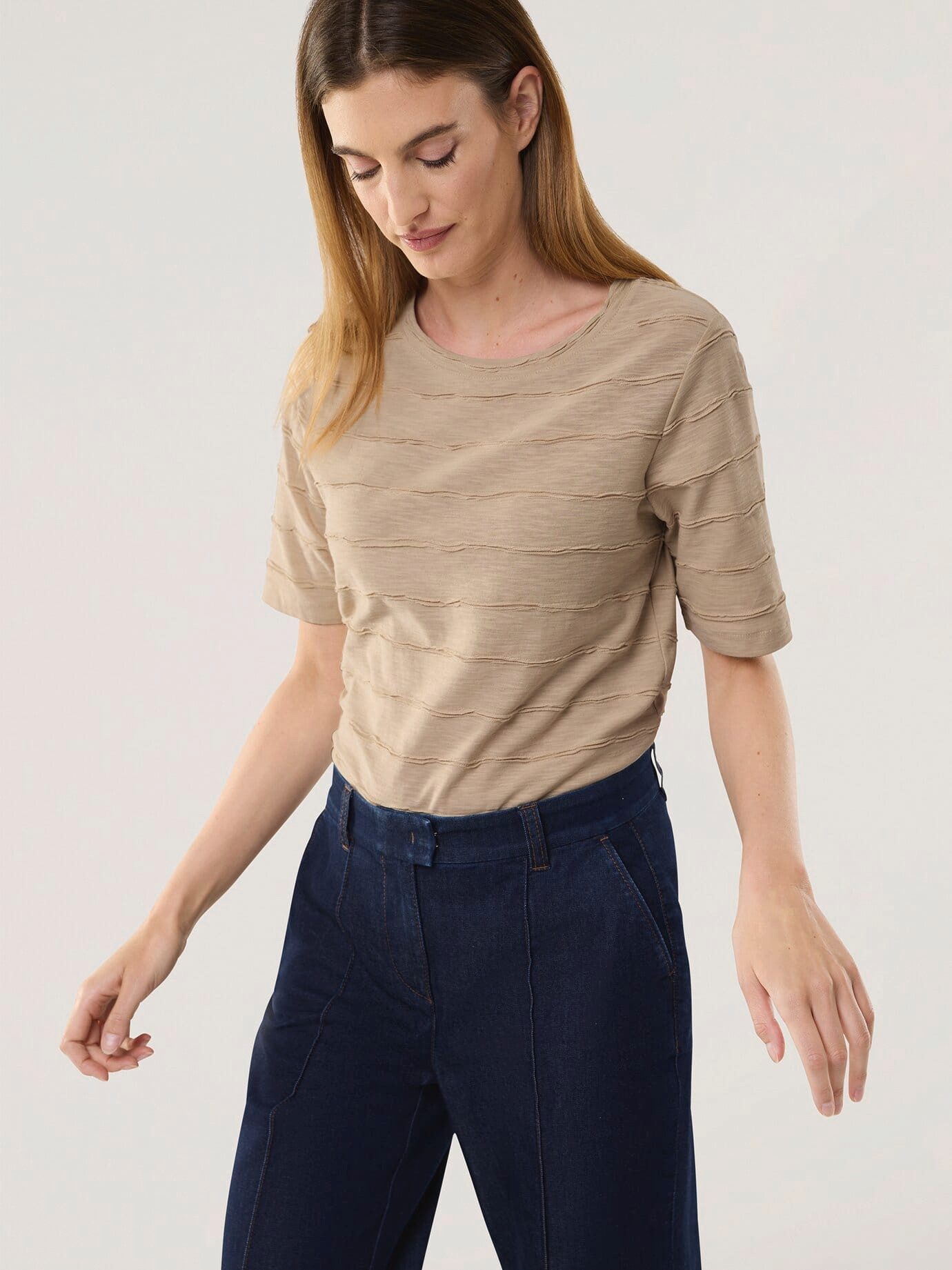 Walbusch T-Shirt Damen Baumwollshirt Streifenstruktur Rundhals pflegeleicht Atmungsaktiv, Regular-Fit, Länge ca. 64 cm, maschinenwaschbar