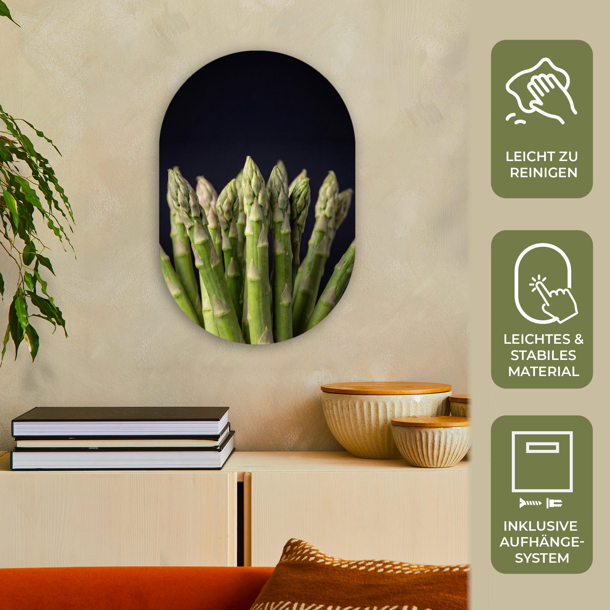 MuchoWow Gemälde Spargel - Grün - Schwarz, Fotodruck (1 St), Wandbild Oval, Wohnzimmer oder Schlafzimmer Wanddekoration, 40x60 cm