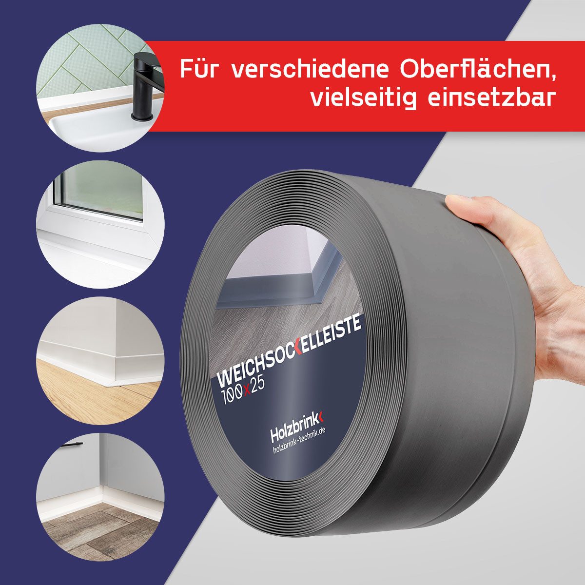 HOLZBRINK Sockelleiste HOLZBRINK selbstklebend PVC 100x25mm, 1 m, L: 100 cm, 1m Rolle, Küchenleiste Abschlussleiste für Badezimmer Farbe: Grau