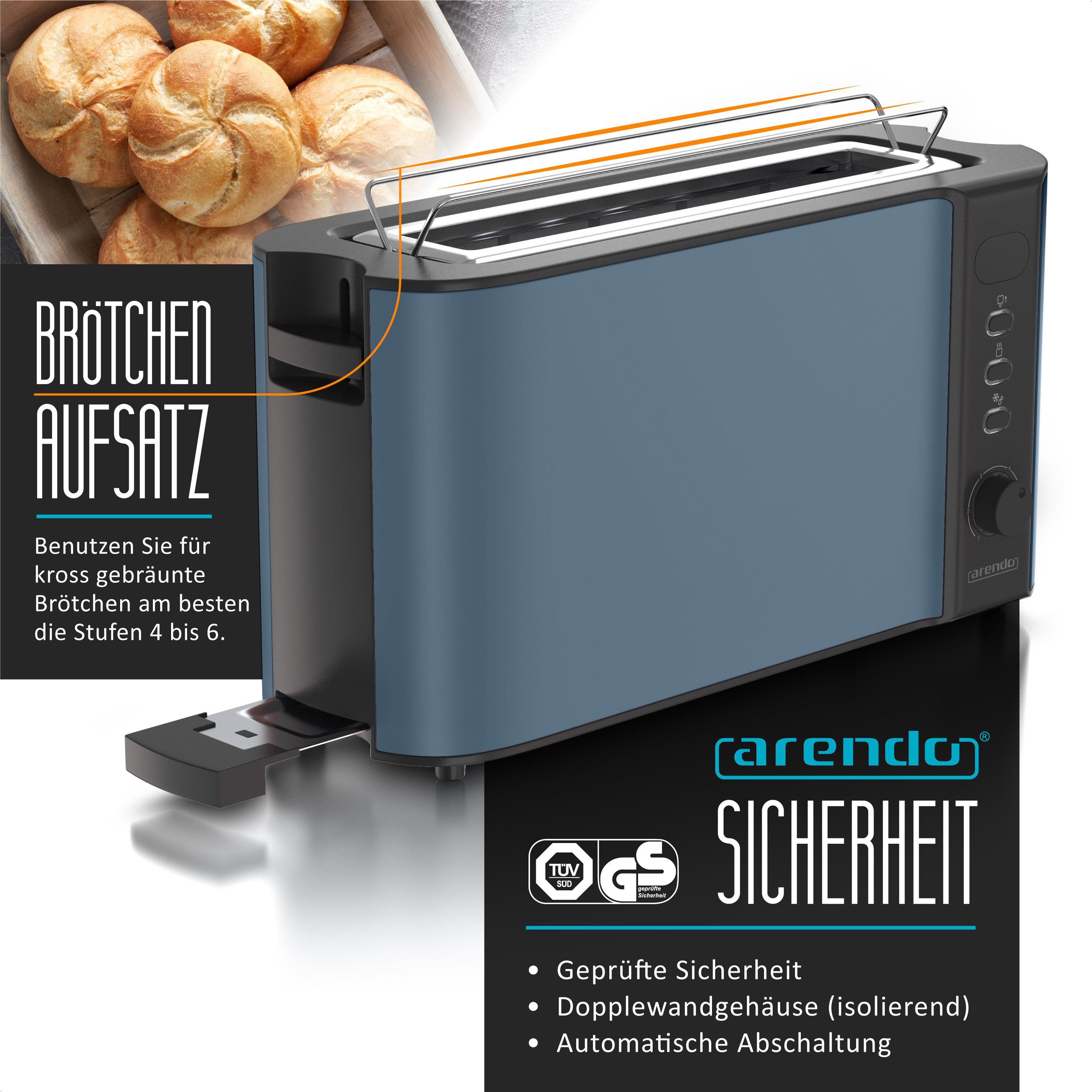 Arendo Toaster Edelstahl, Langschlitz, Display mit Restzeitanzeige, Brötchenaufsatz, 1 langer Schlitz, für 2 Scheiben, 1000 W, Defrost Funktion, Wärmeisolierendes Gehäuse, Krümelschublade