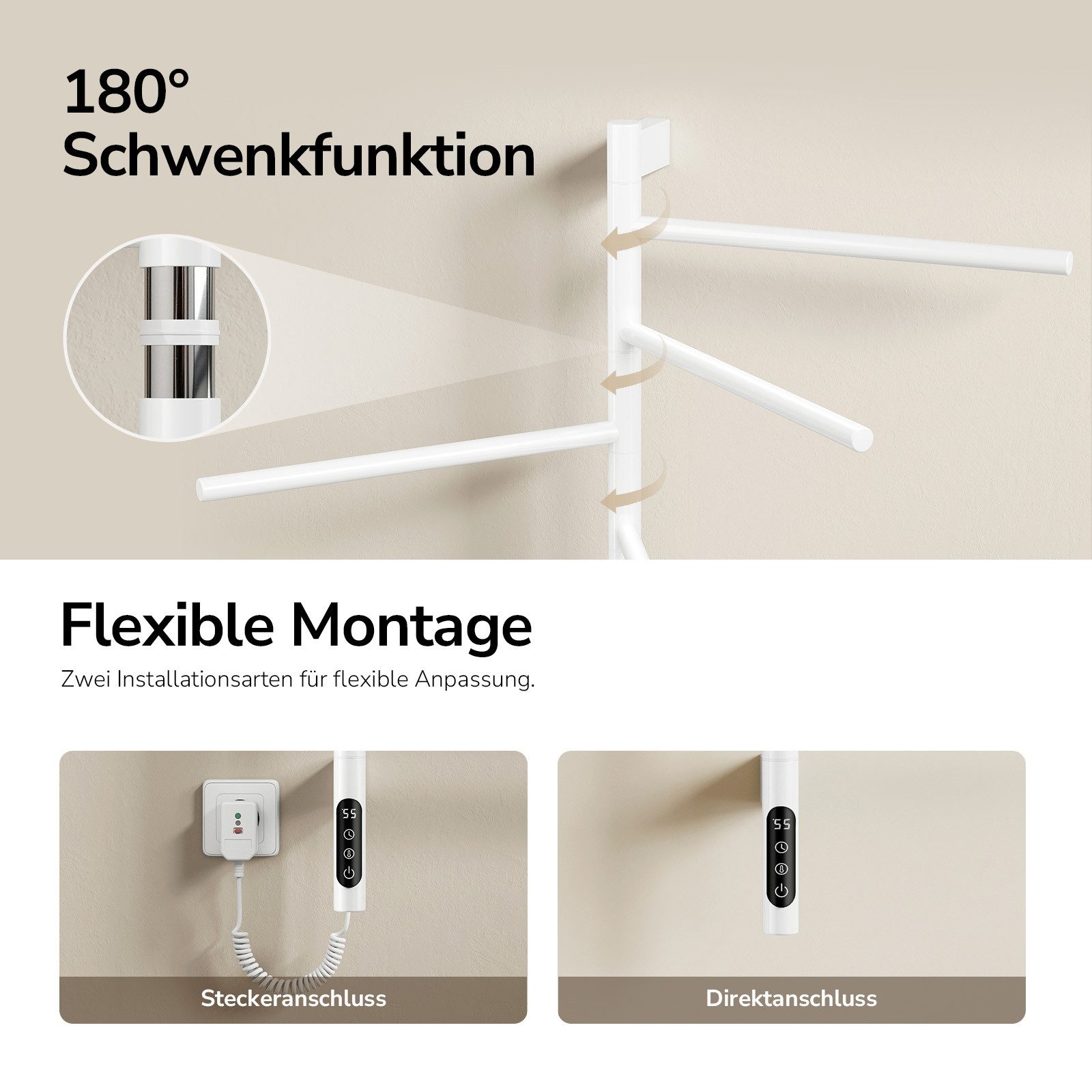 EMKE Elektrischer Badheizkörper Elektrischer Handtuchwärmer mit 6 schwenkbaren Armen und Timerfunktion, Badheizkörper Smart 30–70°C TUYA Alexa schwenkbar 6 Modi 135w 78x45 cm