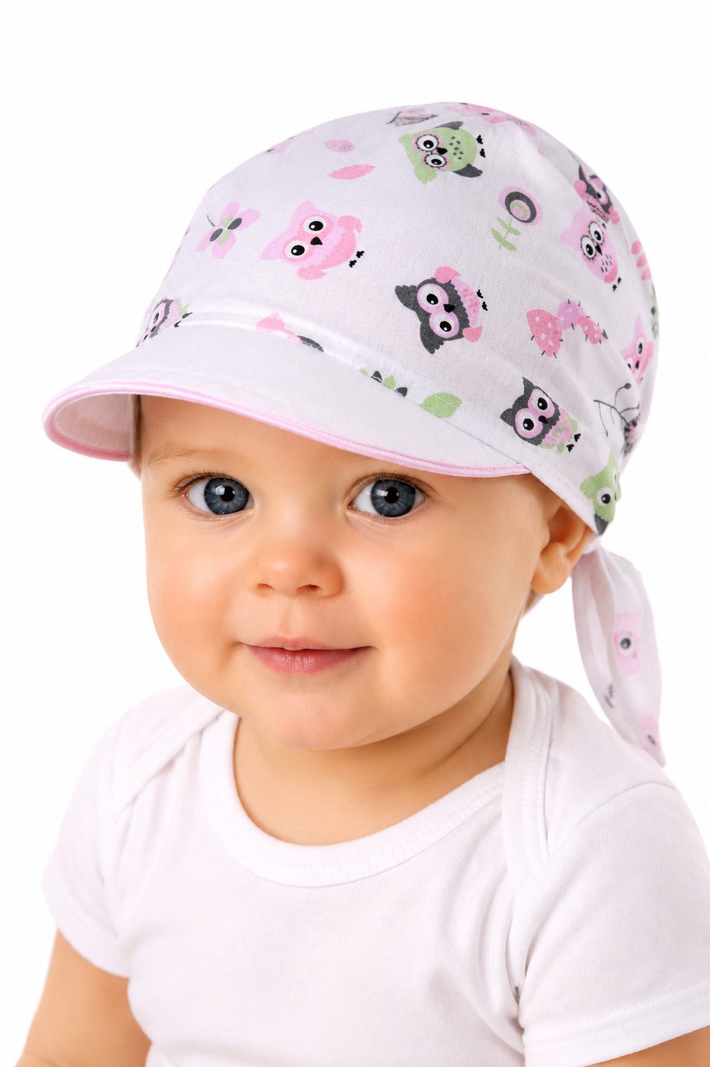 La Bortini Kopftuch Baby Kinder Bandana zum Binden Tuch mit Schirm Schirmmütze mit Eulen, aus reiner Baumwolle, gemustert, sommerlich, leicht, weich