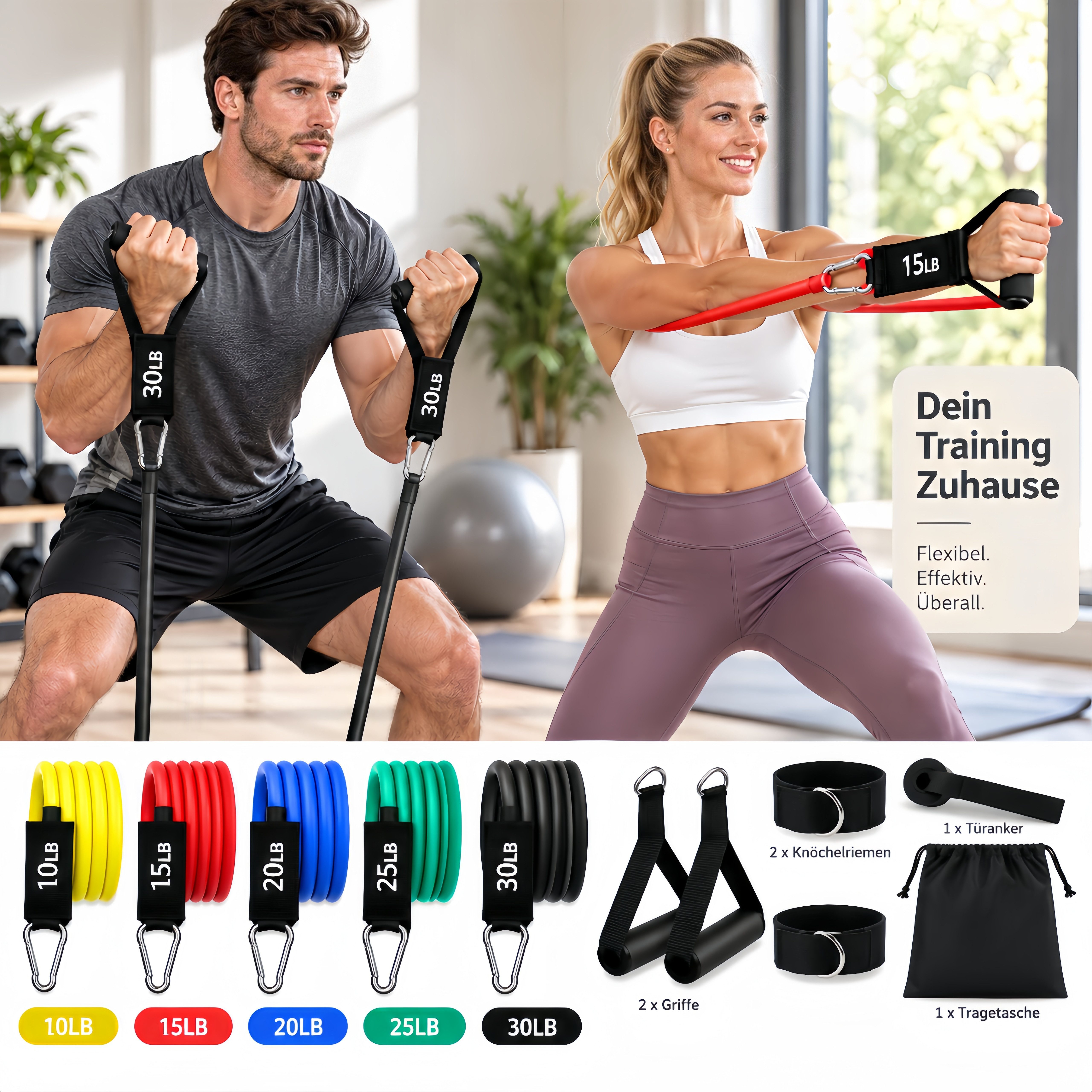 ibettertec Trainingsbänder Resistance Bands Widerstandsbänder Set, 5 Fitnessbänder Expander Tube, Bands Fitnessband mit Griff Knöchelriemen Türankerbefestigung
