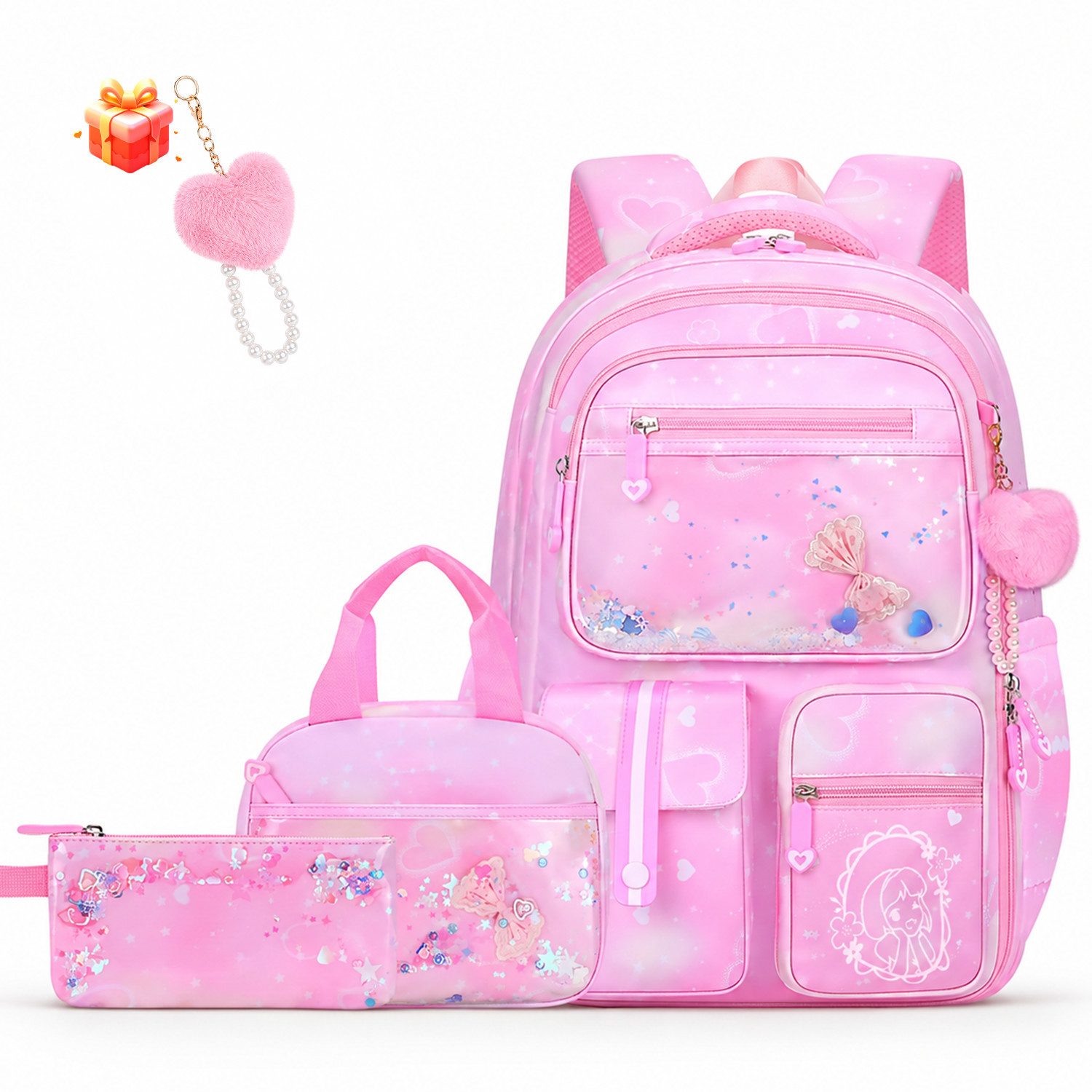 MOPUEA Schulrucksack Schulrucksack Set 3-teilig, Rucksack mit Lunch-Tasche und Mäppchen (3-teiliges Schulrucksack-Set mit Lunch-Tasche und Federmäppchen im Set, Rucksack 45×32×18 cm, Lunch-Tasche 24×18×13 cm, Mäppchen 21×11 cm groß), Viele Fächer, Rückentasche, wasserabweisend, robust und sehr leicht XL