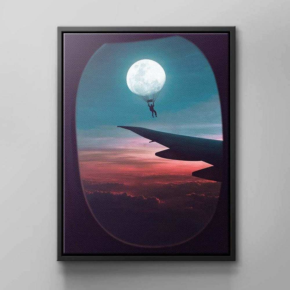 DOTCOMCANVAS® Leinwandbild, Modernes Wandbild mit Mond & Flugzeug Ausblick von weißer Rahmen