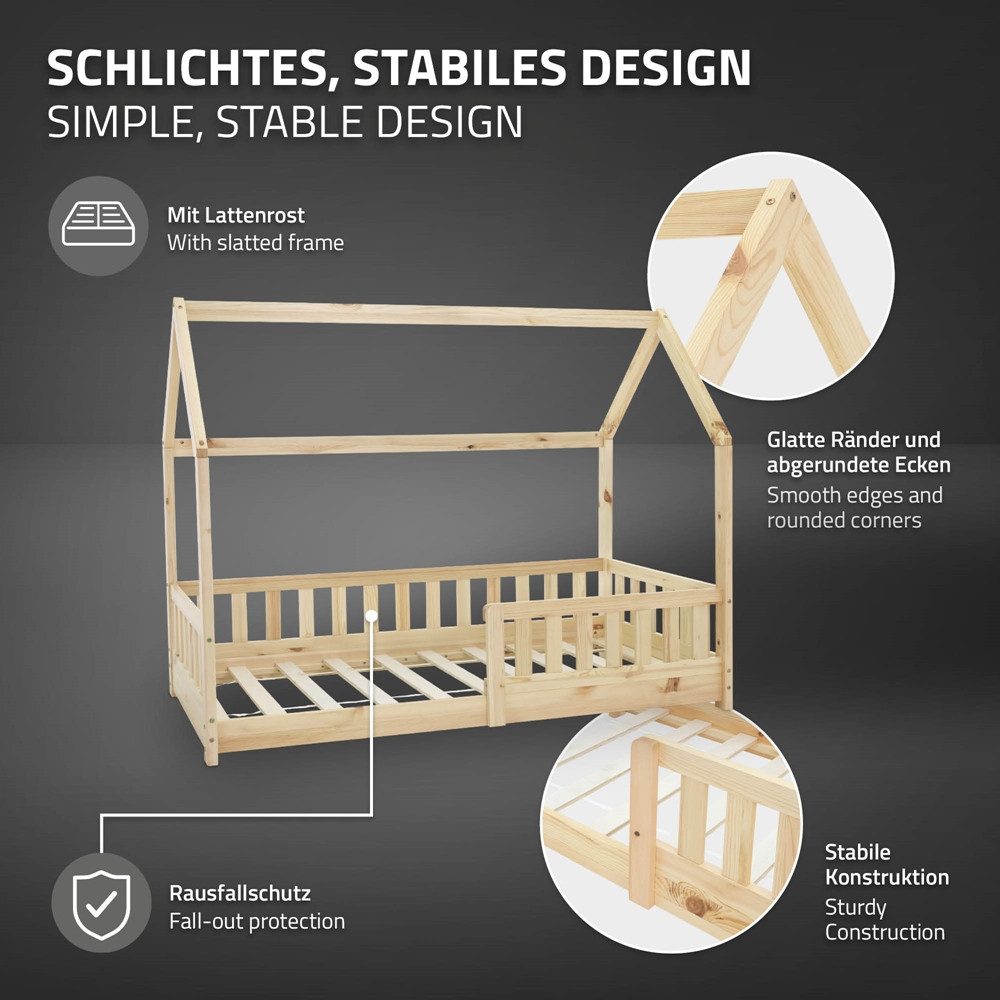 ML-DESIGN Spielbett Hausbett Kinderbett inkl. Lattenrost kreativ Bodenbett für Kinder, Abenteuerbett zum Spielen mit Rausfallschutz Kiefer Natur Himmelbett – Bild 4 von 5