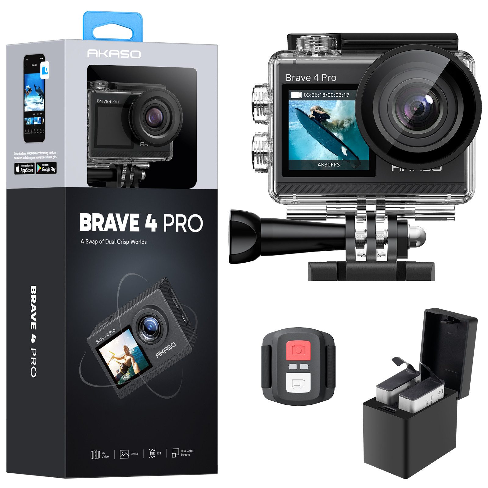 Akaso Brave 4 Pro Action Cam (4K Ultra HD, Wasserdicht, EIS, Fernbedienung, Duale Farbbildschirme)