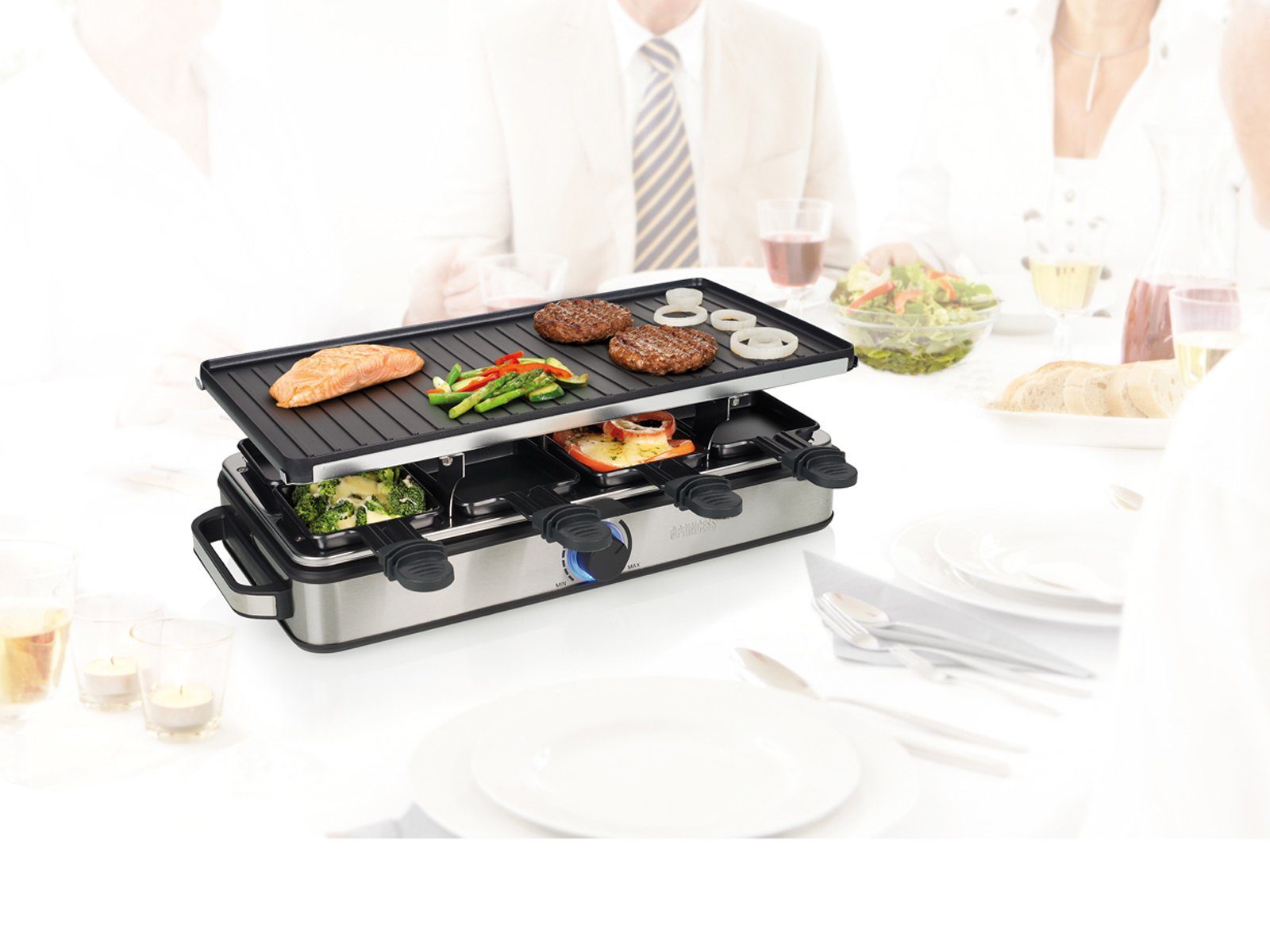 PRINCESS Raclette, 8 Raclettepfännchen, Gerät für 2-8 Personen Tischgrill Grillplatte wendbar Camping geeignet