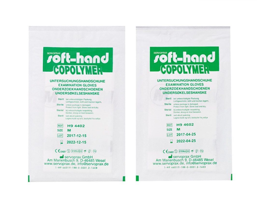 DocMed Einweghandschuhe Soft-Hand Copolymer - steril (Medizinische Einmalhandschuhe, 50-St., Steril verpackte Handschuhe, Für empfindliche Haut) Puder- und latexfrei, Hohe Reißfestigkeit und Flexibilität