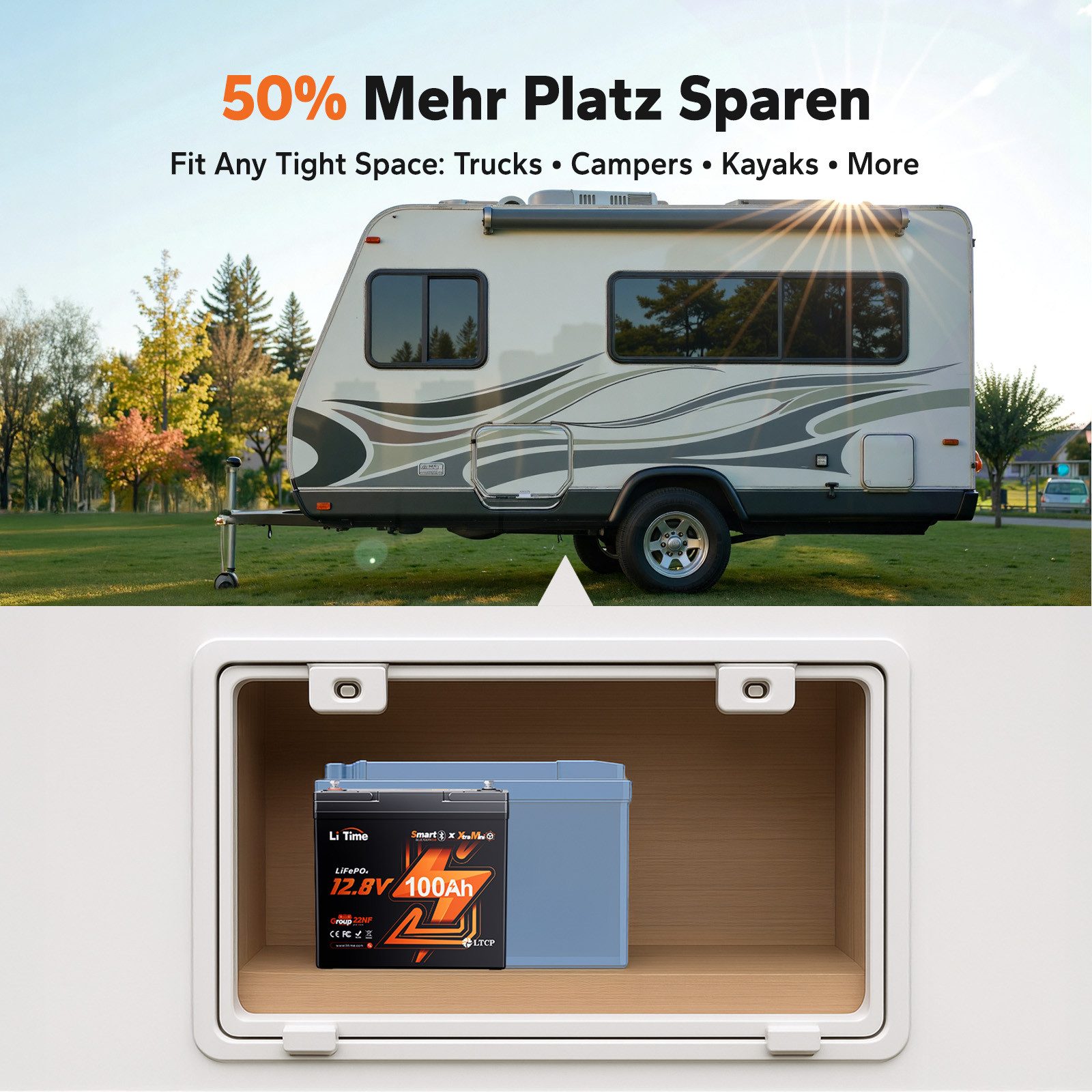LiTime LiTime 12V 100Ah Xtra Mini LiFePO4 Batterie mit Bluetooth Solarakkus (12 V), PV Stromspeicher für Camper Boot Inselanlage
