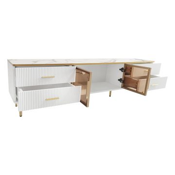 MODFU TV-Schrank Lowboard mit LED-Beleuchtung inkl. (Fernsehschrank TV-Lowboard Sideboard Beistellschrank modern, mit 4 Strukturierte Schubladen 4 Füßen) mit Goldenen Griffen und zwei Braune Türen aus Gehärtetem Glas