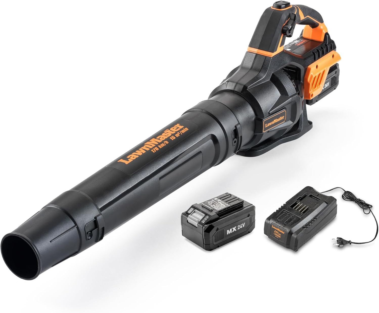 Lawnmaster Akku-Laubbläser MX 24V Akku-Laubbläser mit Axialgebläse, (1 St., Leistungsstarker kabelloser Garten-Laubbläser), mit MX 24V Lithium-Ionen-Akku und Ladegerät