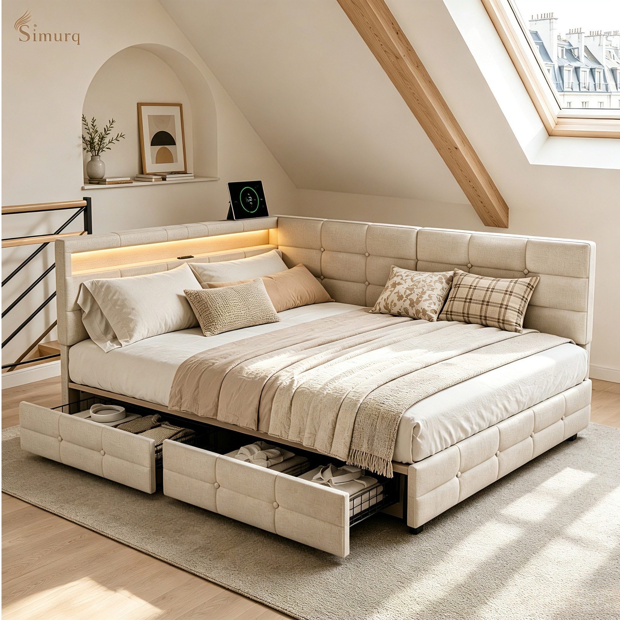 Simurq Polsterbett Tagesbett L-Form 140x200 mit LED, Ladefunktion & 2 Schubladen (Bettgestell mit Lattenrost und 2 Schubladen, Bettgestell mit Kopfteil, Lattenrost, 2 Schubladen, ohne Matratze), L-Form, links/rechts montierbar, 140x190/140x200 cm