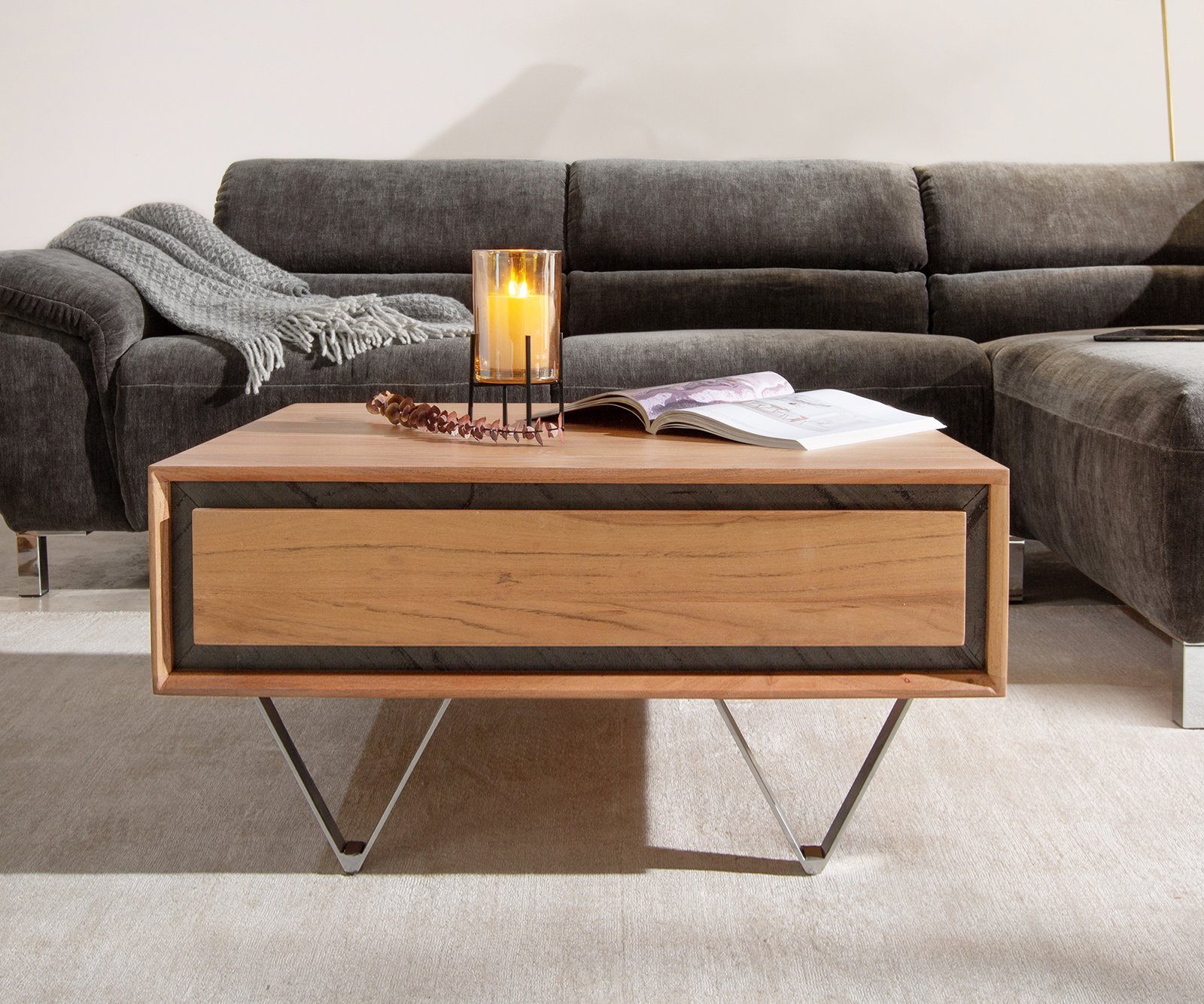 DELIFE Couchtisch Stonegrace, Akazie Natur 80x60 cm 2 Schubladen Steinfurnier Couchtisch