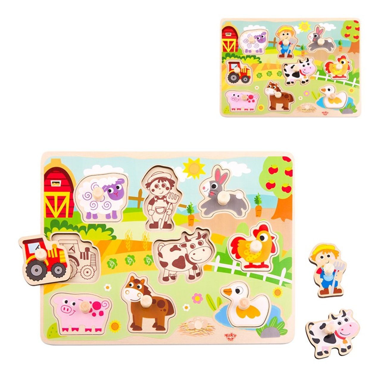 Tooky Toy Steckpuzzle Holzpuzzle Farm 10-teilig, 10 Puzzleteile, TY858 Bauernhof Traktor Tiere ab 18 Monaten