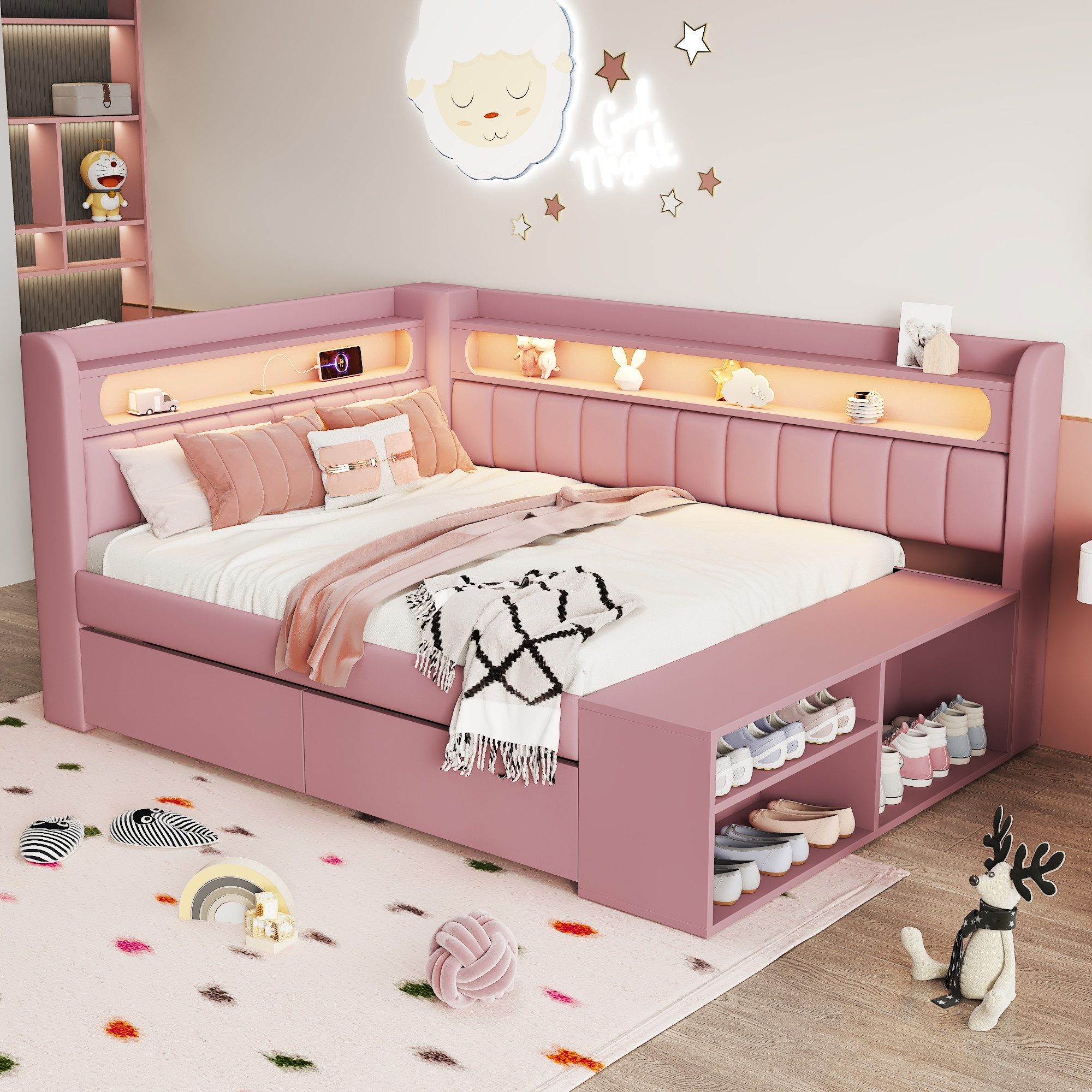 Merax Daybett 90x200cm mit USB-Anschluss & LED-Lichtleiste (Jugendbett Einzelbett Kinderbett, 1 tlg), Schlafsofa Tagesbett mit Schuhschrank, 2 Schubladen & Abla – Bild 2 von 5