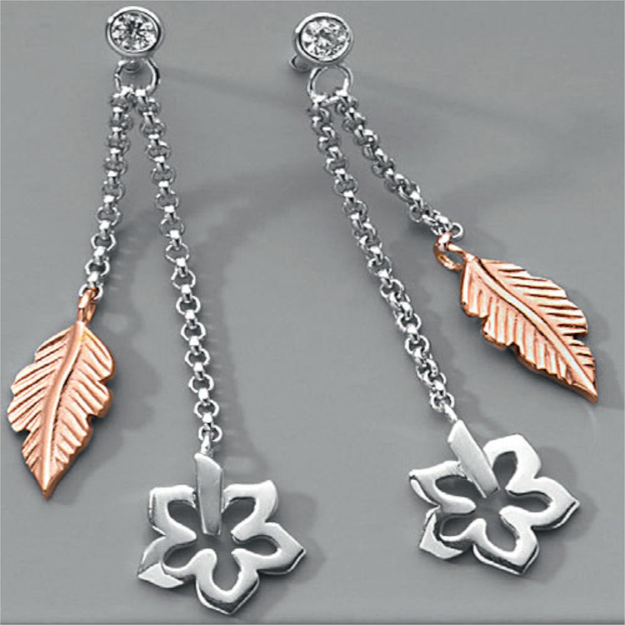 Feder Ohrringe Silber aus Blume Zirkonia Ohrhänger ONE & Paar Ohrhänger Damen Blume 925 Feder ELEMENT & Schmuck Silber,