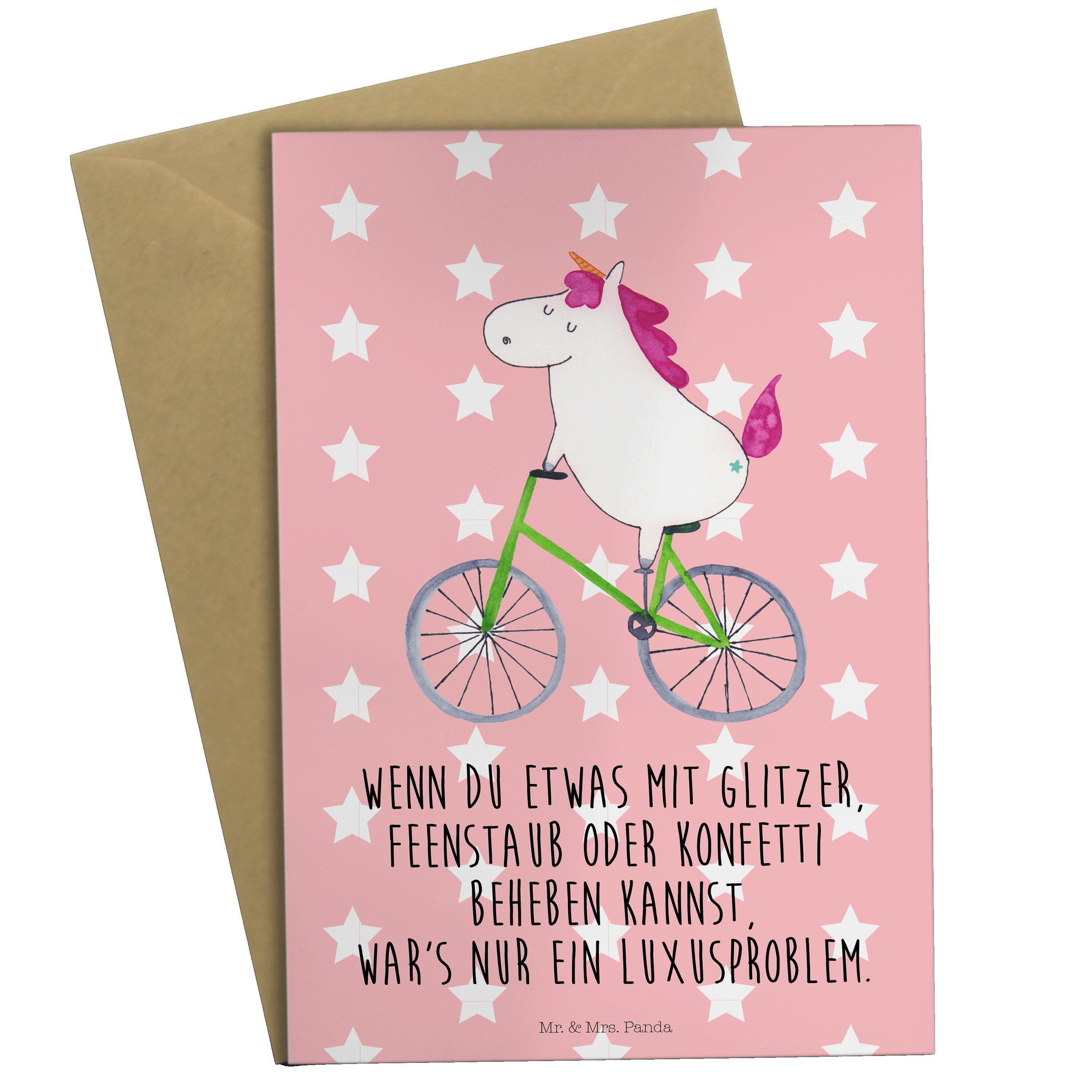 Mr. & Mrs. Panda Grußkarte Einhorn Radfahrer - Rot Pastell - Geschenk, Glückwunschkarte, Konfett