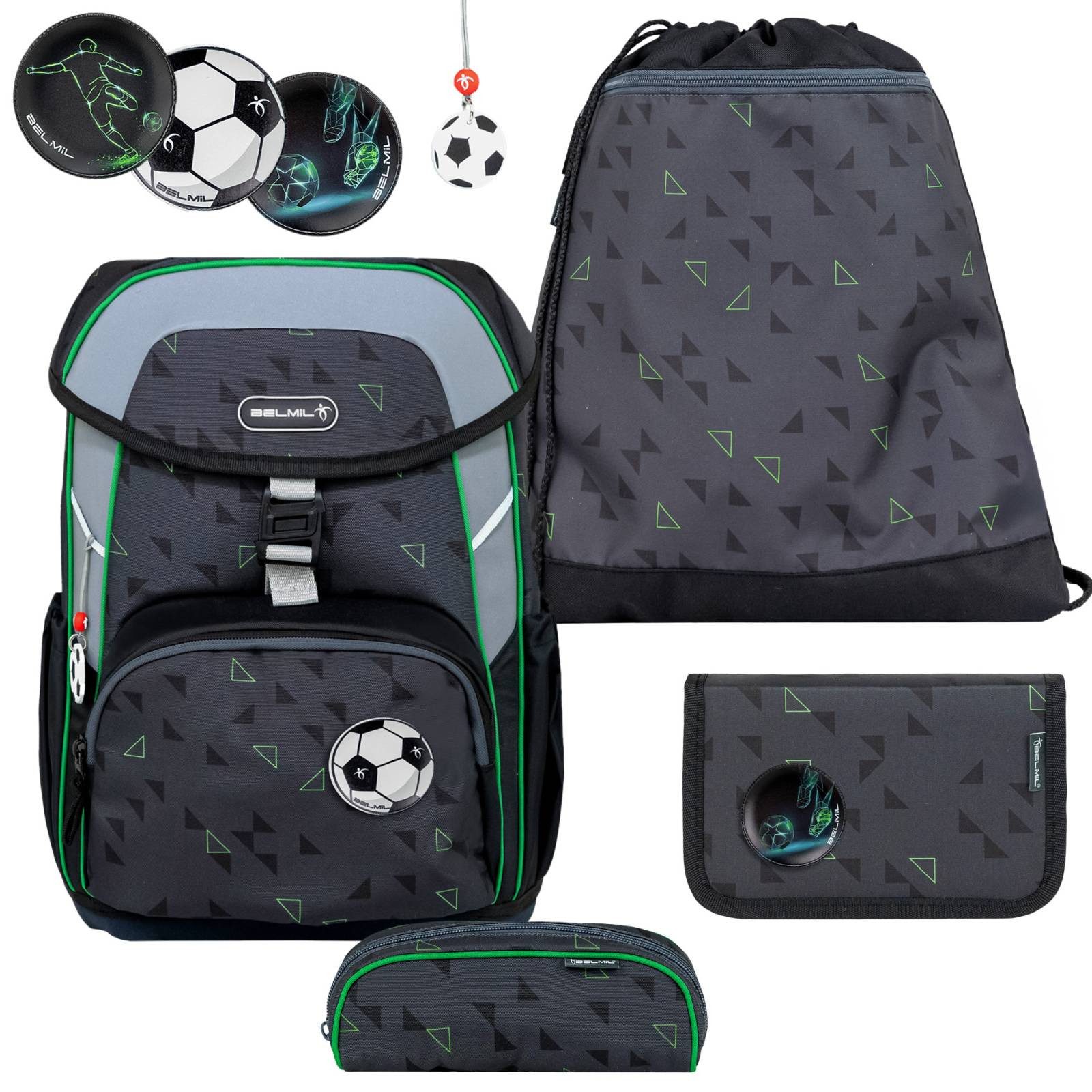 Belmil Schulranzen "Maxi" 2026 Set 1. Klasse, 22 Liter Volumen "Striker X", Fußball, 4tlg.,1. Klasse, Grundschule, Einschulung, Jungen