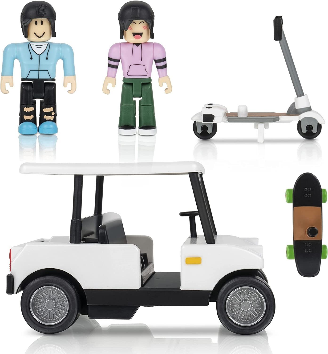 ROBLOX Spielzeug-Auto 0239 Brookhaven Golf Cart, 2 Figuren, 1 Skateboard, 1 Roller, 1 Code, (5-tlg., Brookhaven Golf Cart mit Zubehör)