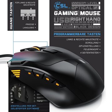 CSL Gaming-Maus (kabelgebunden, 125 dpi, optische Gaming Maus, Farbwechsel, 9 Tasten, 600 bis 4800dpi)