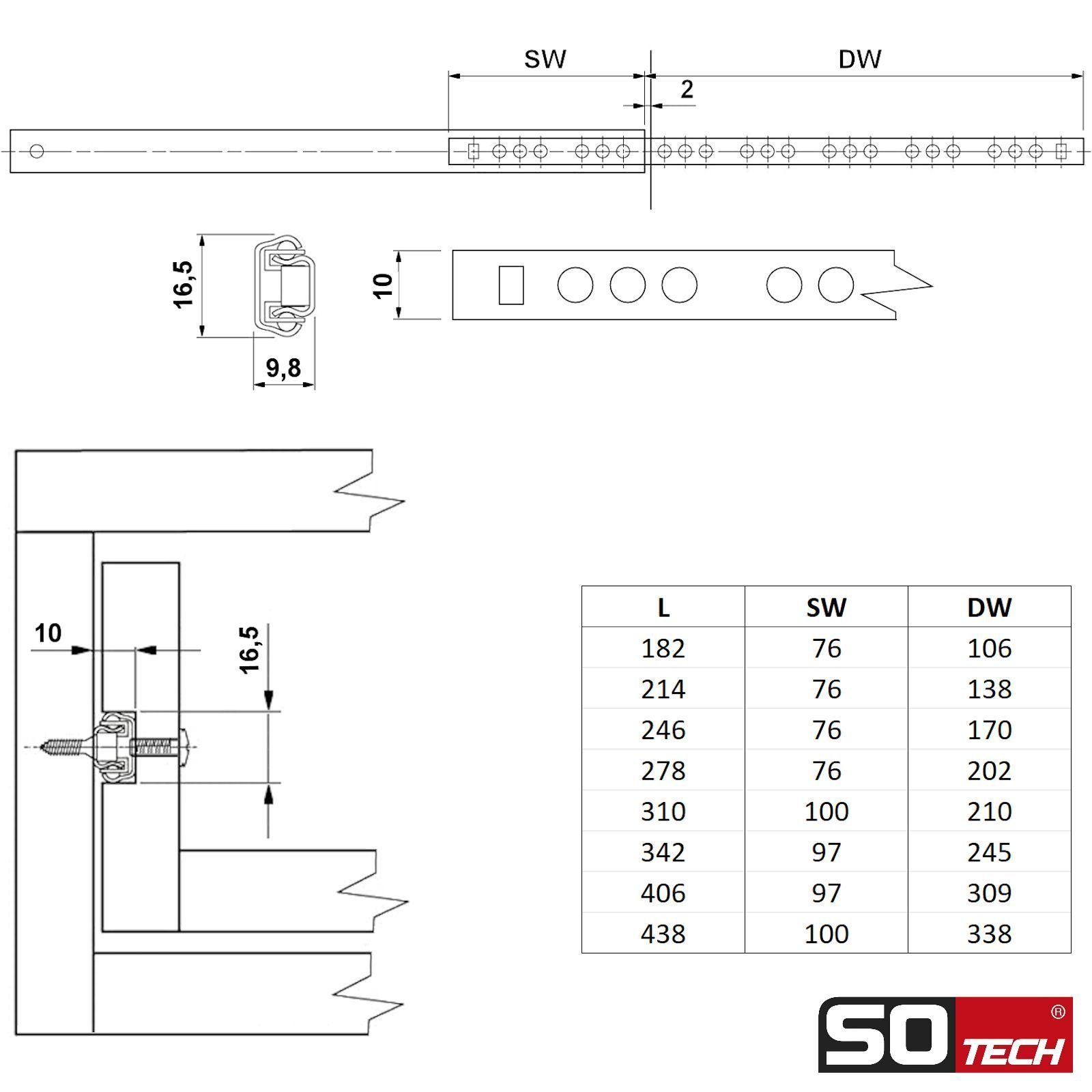 mm mm L: SO-TECH® Teilauszug Schubladenschienen Teilauszug Kugelführung 17 St), (2 214 H: / Rollen Auszug