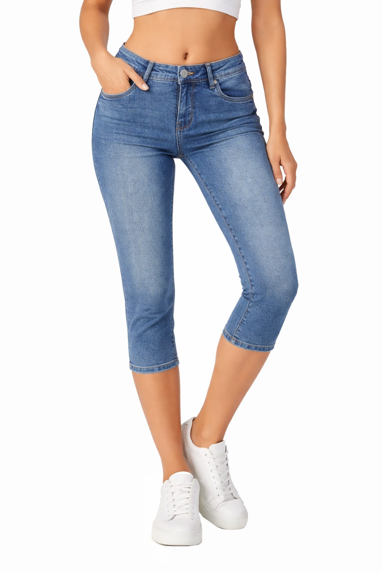 SUBLEVEL Caprijeans Damen Hose 3/4 Jeans Flex Dehnbar Frühling Sommer Dehnbar Stretch Baumwolle