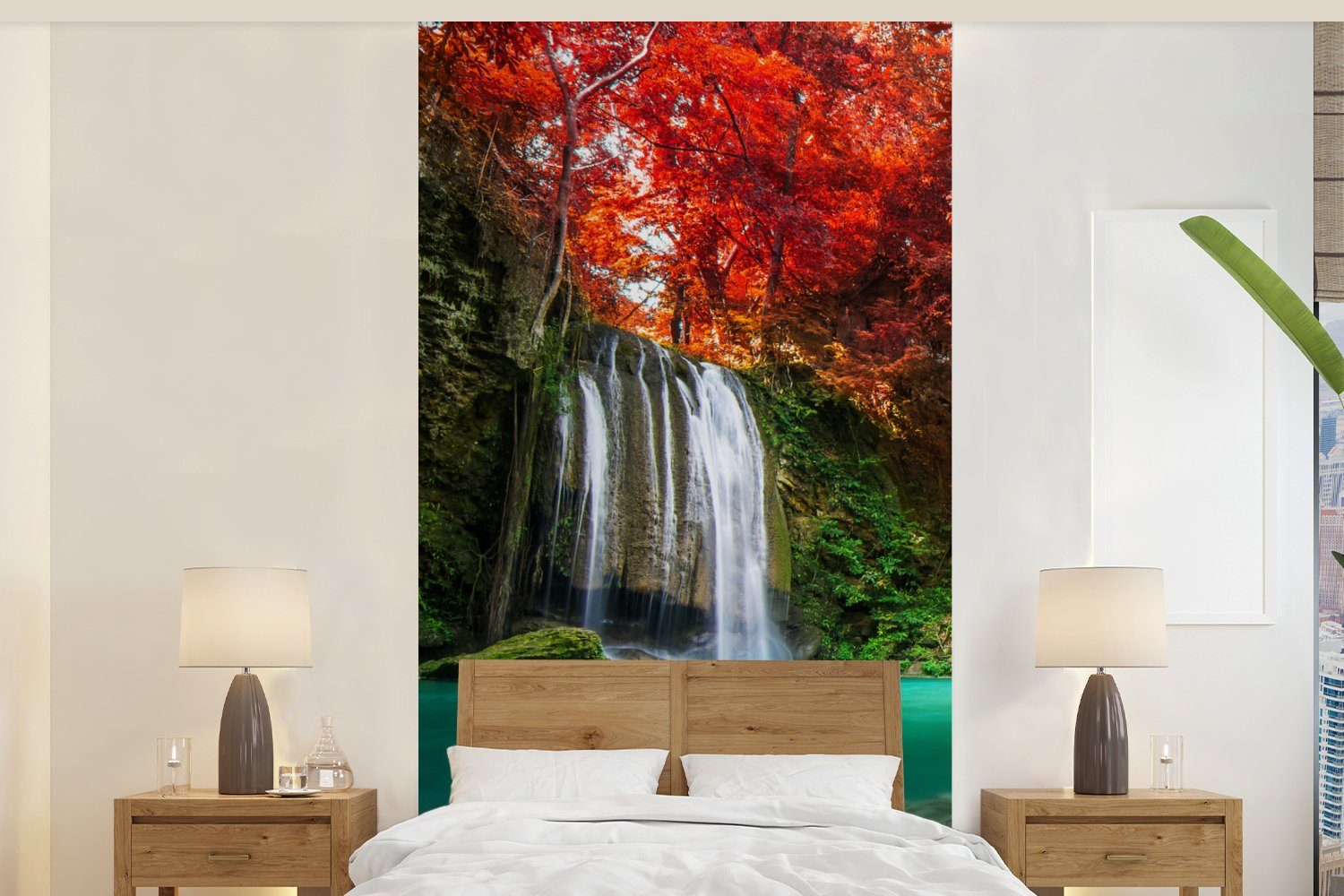 MuchoWow Fototapete Wasserfall - Baum - Rot - Herbst - Wasser, Matt, bedruckt, (2 St), Vliestapete für Wohnzimmer Schlafzimmer Küche, Fototapete | Fototapeten