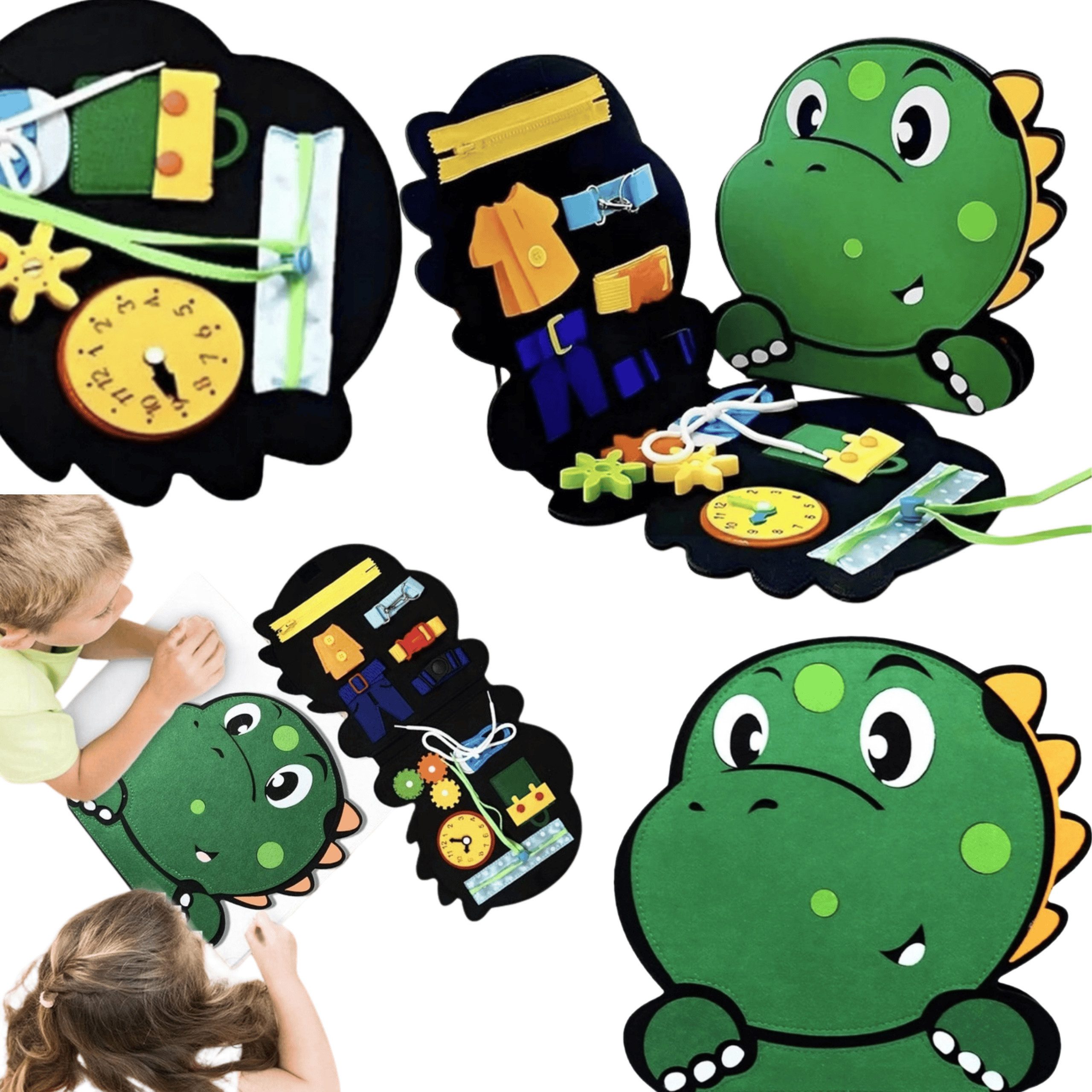 Hard-er Stoffbuch Montessori-Dinosaurier aus Filz 59 × 29,5 cm ab 2 Jahren für Reisen, fördert Feinmotorik durch Knöpfe, Gurte, Reißverschluss