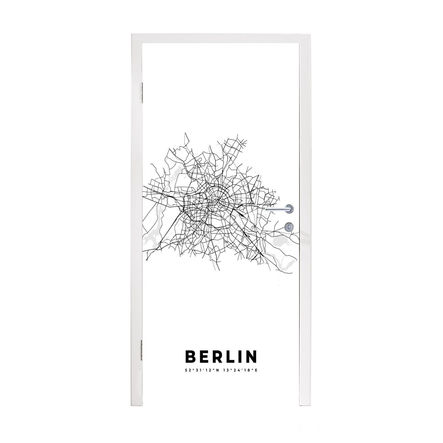 MuchoWow Türtapete Stadtplan - Deutschland - Schwarz und weiß - Berlin - Karte, Matt, bedruckt, (1 St), Fototapete für Tür, Türaufkleber, 75x205 cm