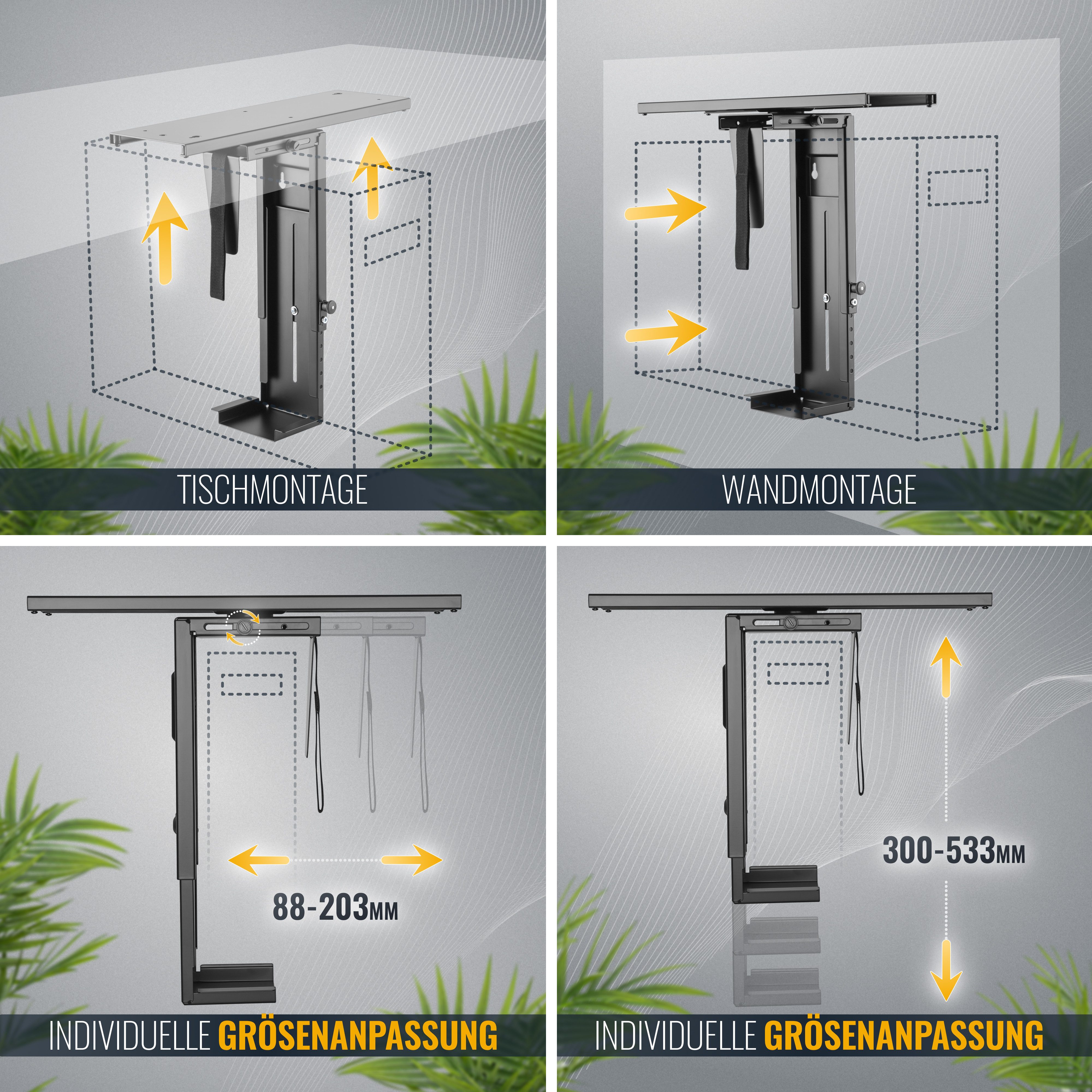RICOO Halterung PC Rechner Halterung ausziehbar 360° schwenkbar TRH-05, (höhenverstellbar, Breite variierbar, 1-tlg., max 10 Kg Rechner Halter für unter den Tisch Desktop flexibel schwarz, PC Halter unter Schreibtisch Tischmontage und Wandmontage möglich)