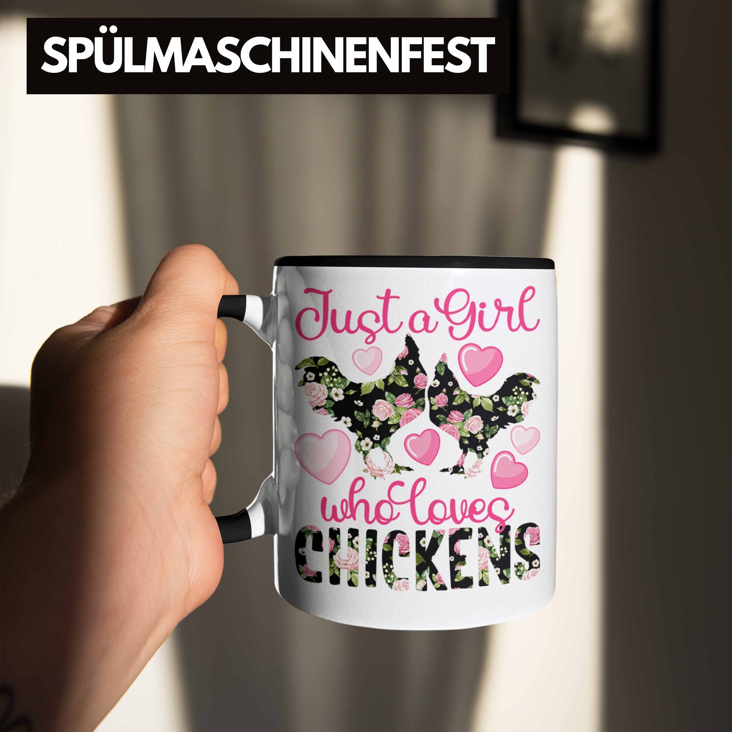 Trendation Tasse "Just A Girl Hühner Schwarz Chickens" Liebhaberinnen Tasse Who Loves Geschenk
