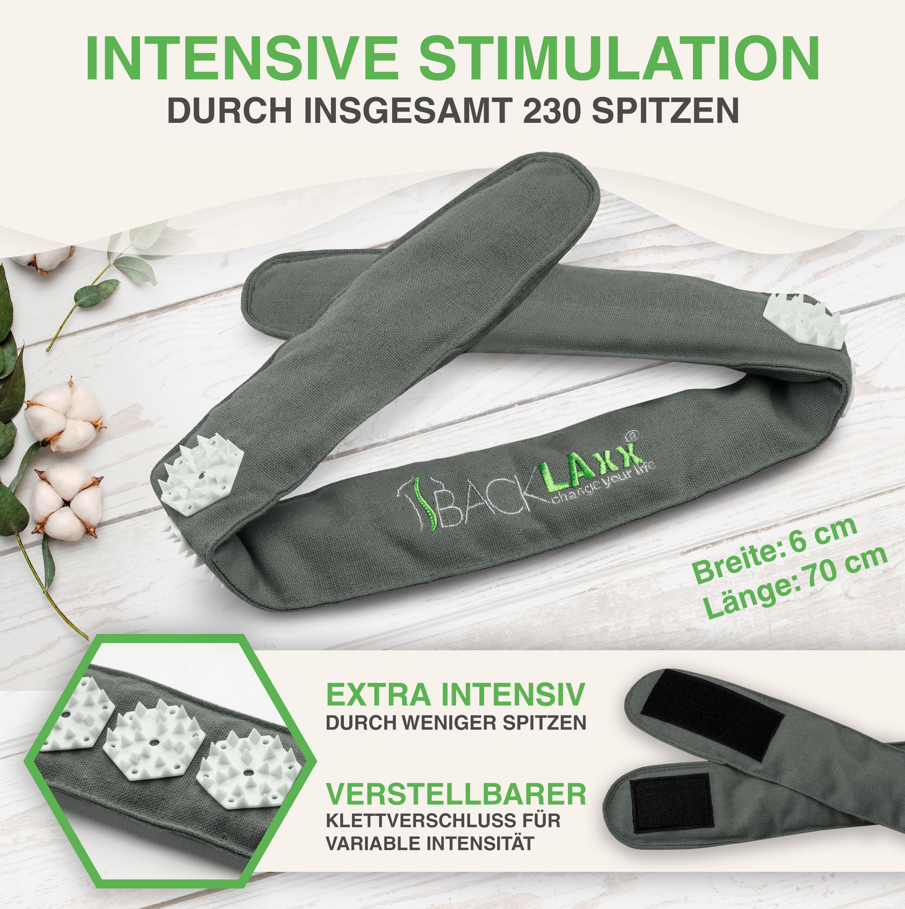 BACKLAxx® Massagegerät Akupressur Stirnband, Kopfband, Kopfmassagegerät mit Tasche zur Kopfmassage, Intensitätsregulierung durch Klettverschluss – Bild 3 von 5