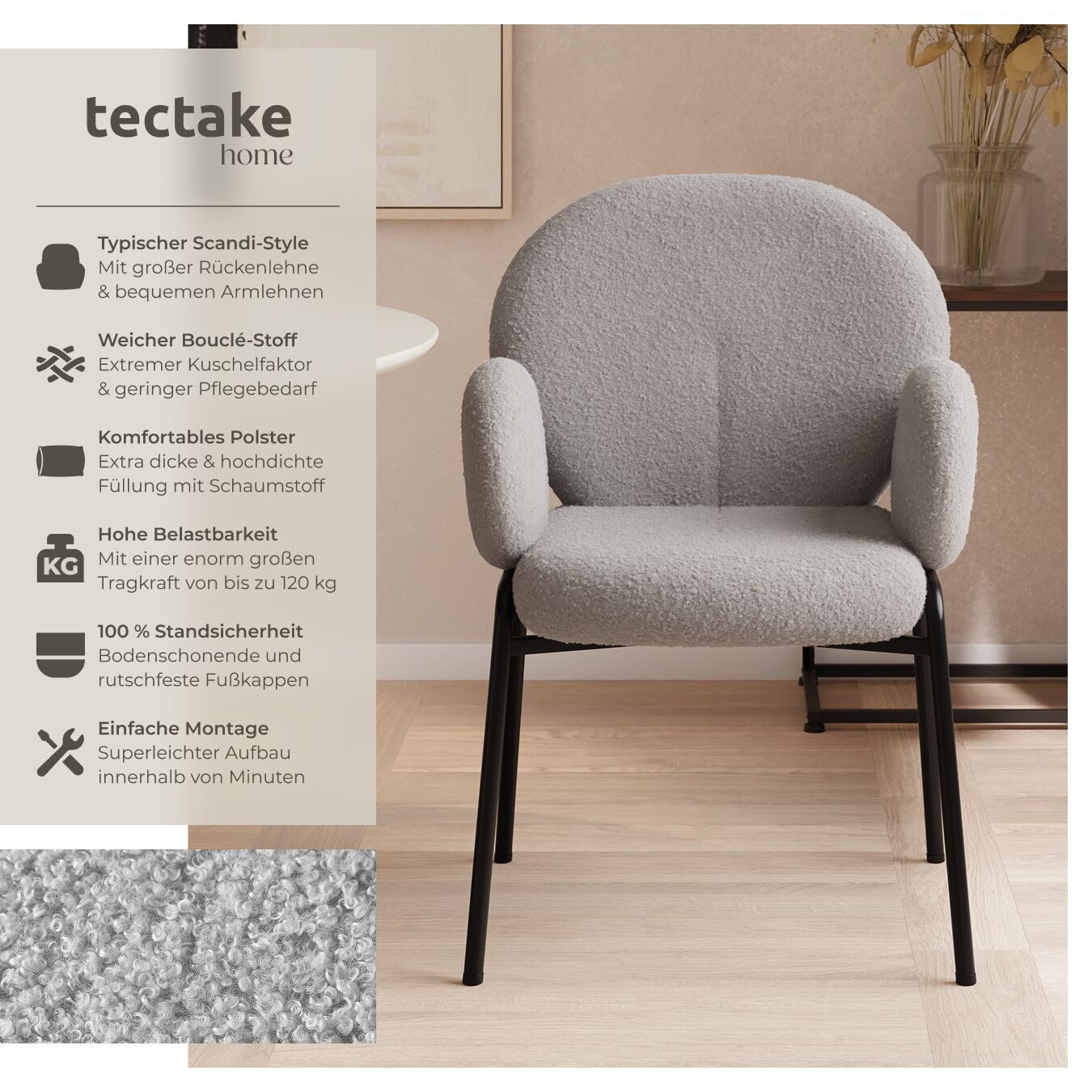 tectake Esszimmerstuhl Stuhl Scandi gepolstert, Bouclé-Stoff (Set, 2 St), E günstig online kaufen
