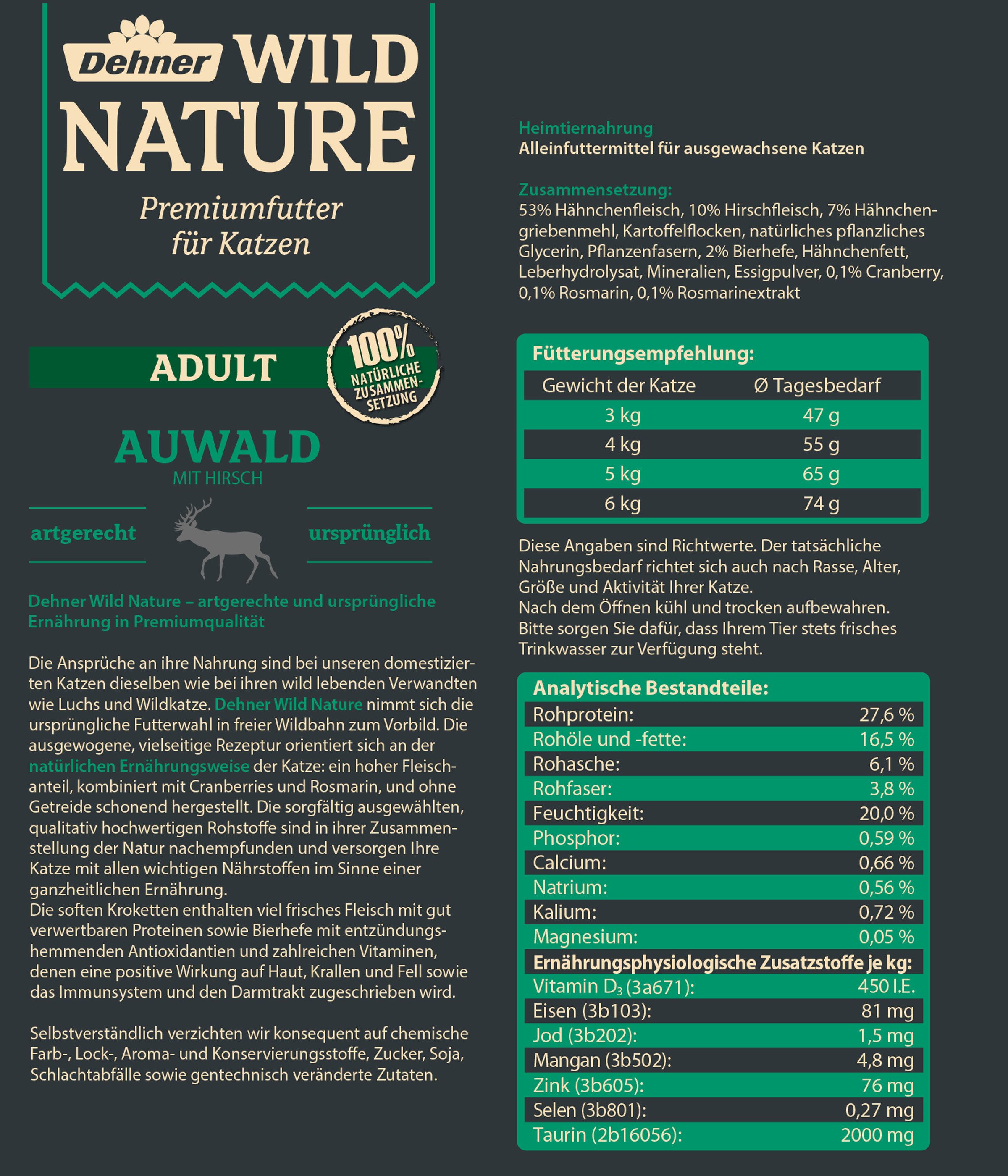 Dehner Wild Nature Auwald Adult Hirsch, 1.5 kg Hirsch, Trockenfutter für: Katze, Trockenfutter für ausgewachsene Katzen, getreidefrei