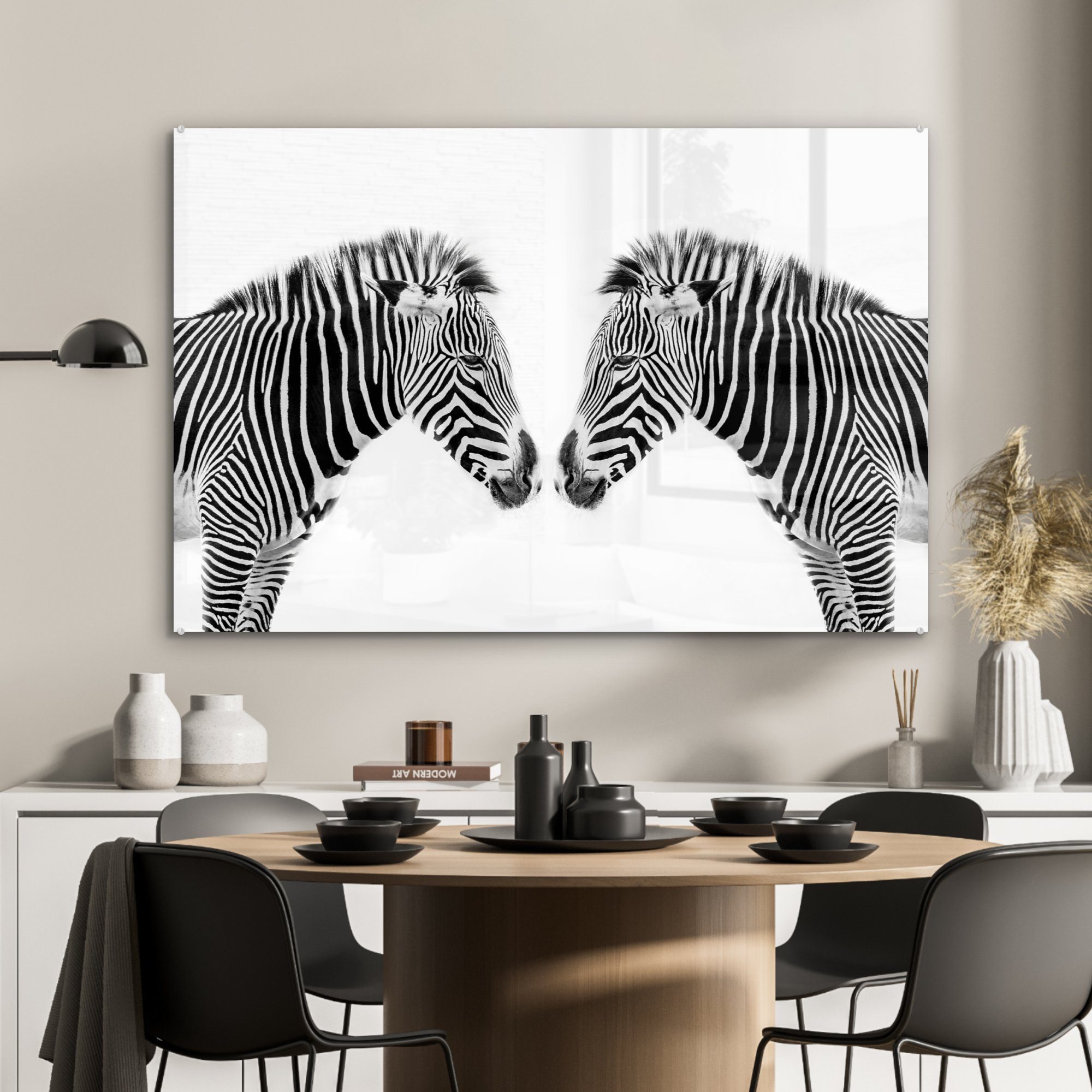 Schlafzimmer Acrylglasbilder MuchoWow St), Zebra & Acrylglasbild auf (1 Wohnzimmer Gespiegeltes Hintergrund, weißem