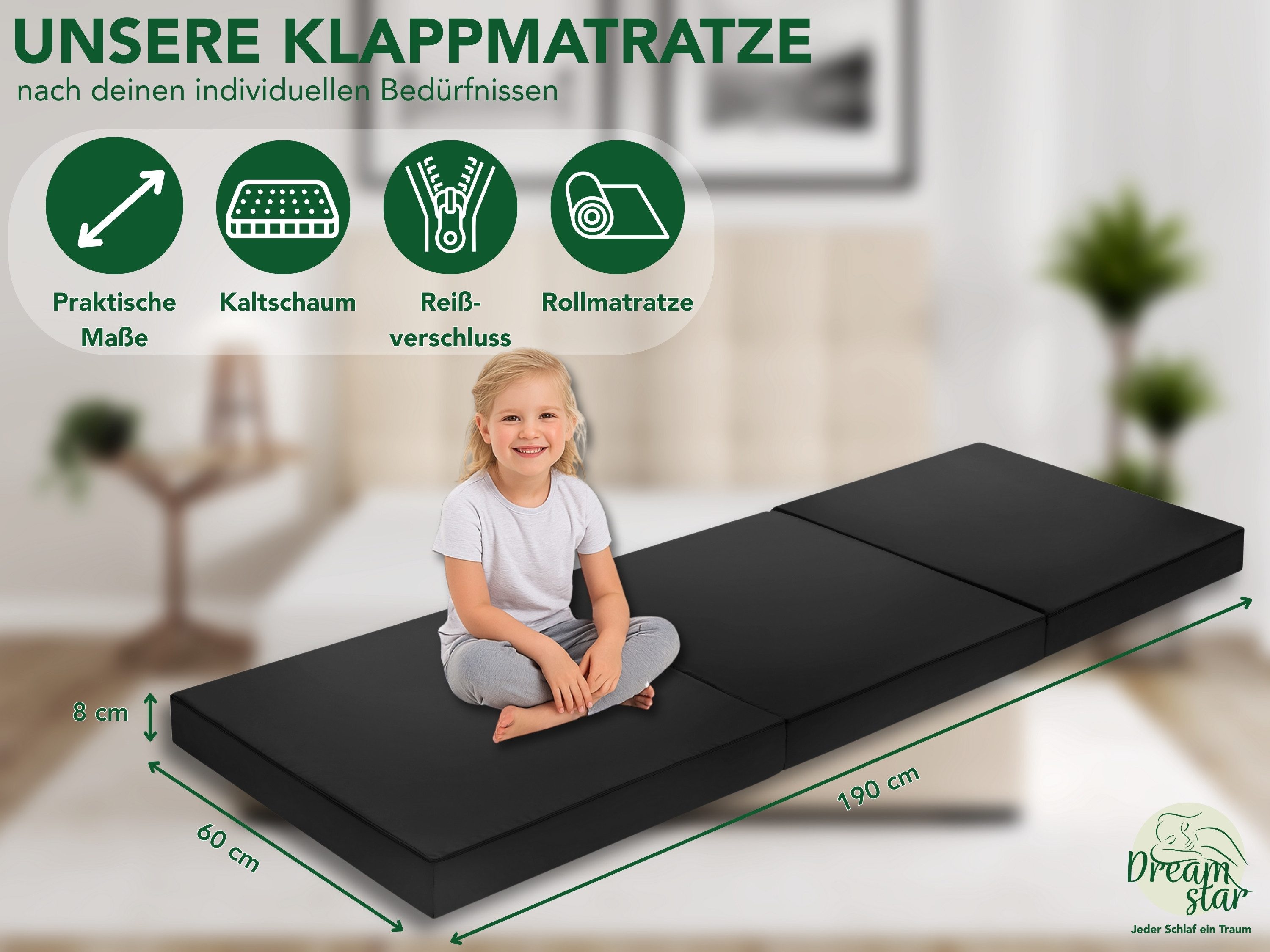 Klappmatratze Faltmatratze 60x190 cm, klappbare Gästematratze, Dreamstar, 8 cm hoch, perfekt zum Campen oder als Hocker, geeignet für Hausstauballergiker