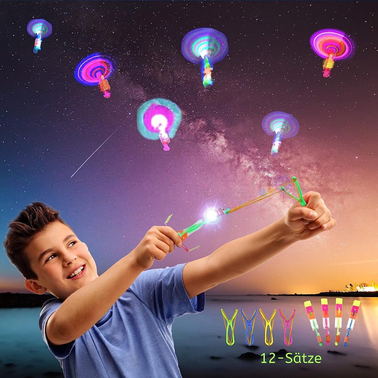 feinlux Spielzeug-Hubschrauber 12 Stk LED Leuchtspielzeug, (Set, LED leuchtendes Party-Spielzeug), Kann rot-blaues Licht erzeugen, über Schalter steuerbar