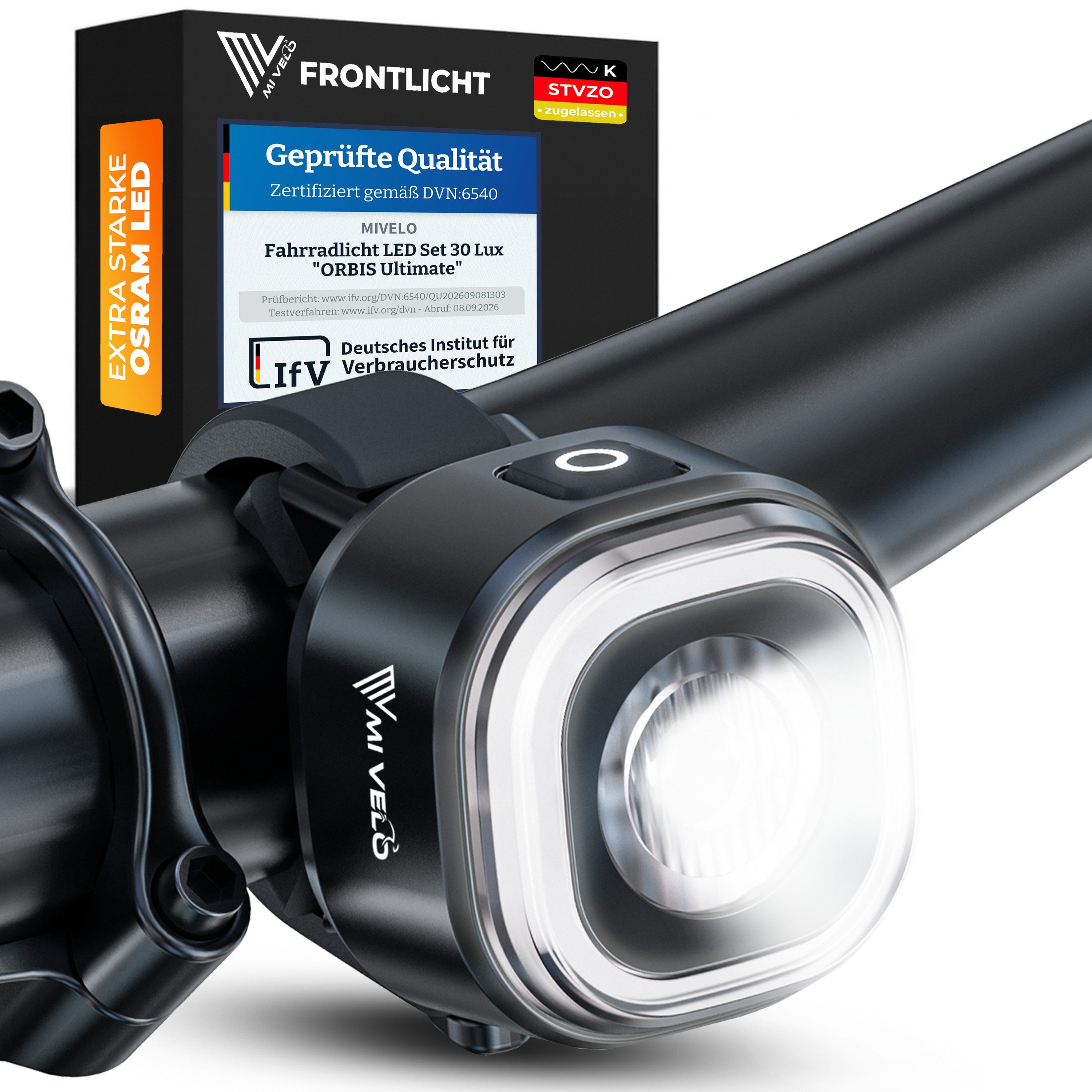 MIVELO Fahrradbeleuchtung ORBIS Fahrradlicht LED Set mit Akku, USB aufladbar wasserdicht, StVZO zugelassen, mit Bremsfunktion erhältlich