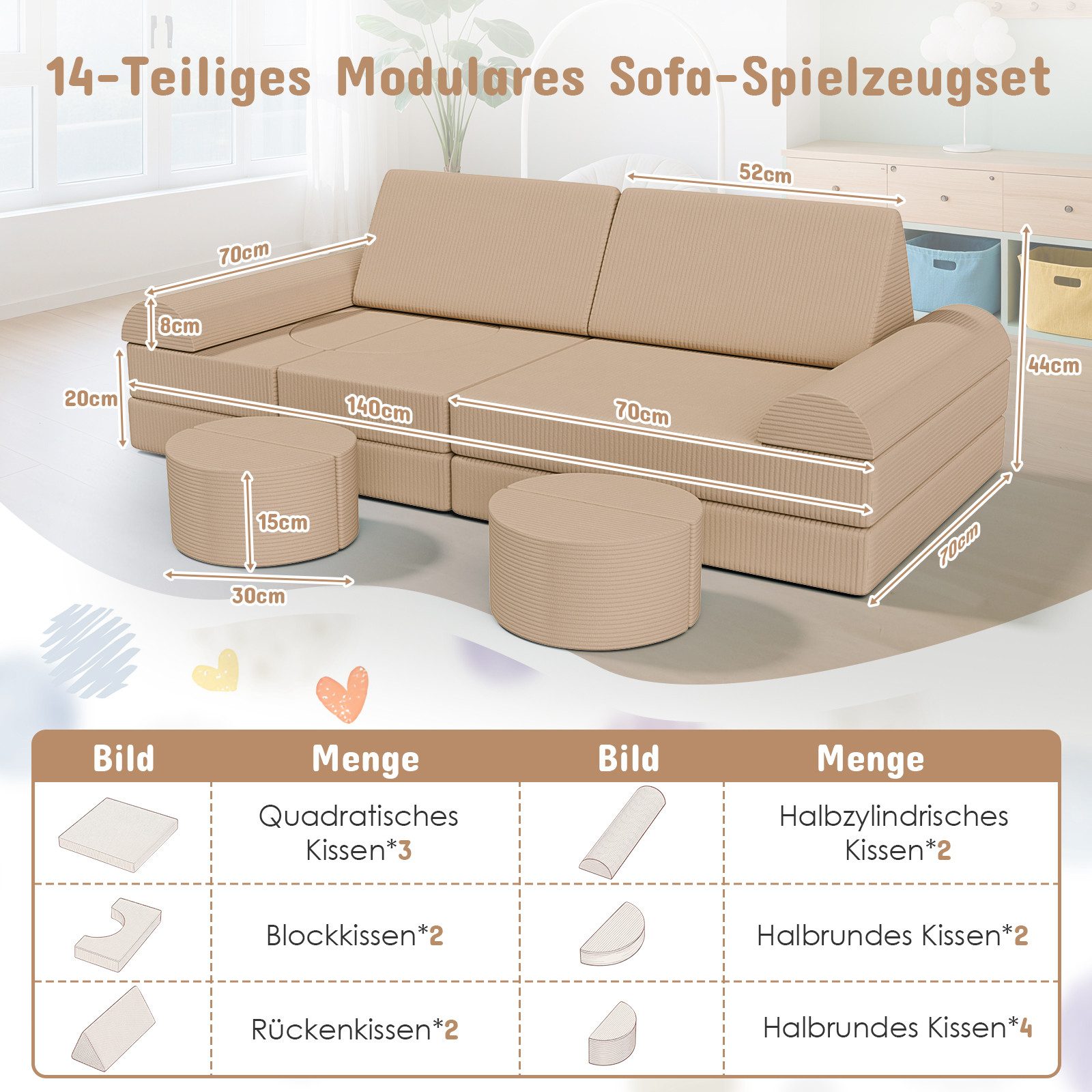 TLGREEN Kindersofa Spielsofa Cord, 15-Teiliges Modulare Kinderspielcouch, Kindersofa-Bausteine, Spielsofa für Kinder, kreatives Spielen für Kuschelecke im Kinderzimmer