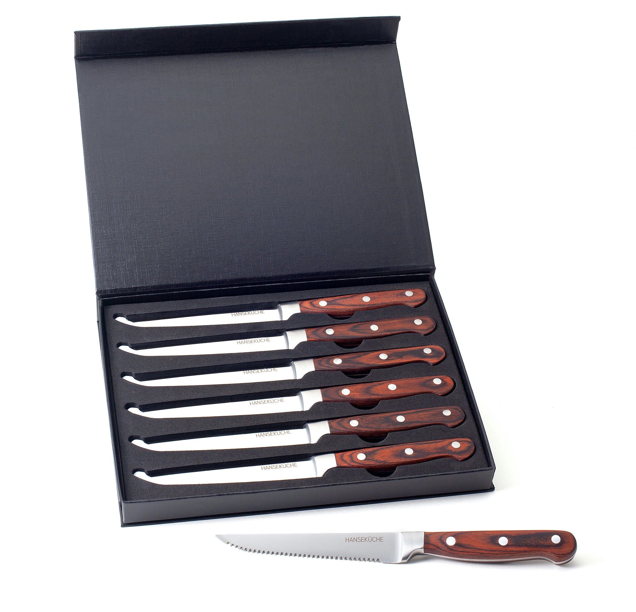 Hanseküche Steakmesser Steakmesser 6er Set – mit Holzgriff (Braun) (6 Stück), Modernes Design, Geschenkbox