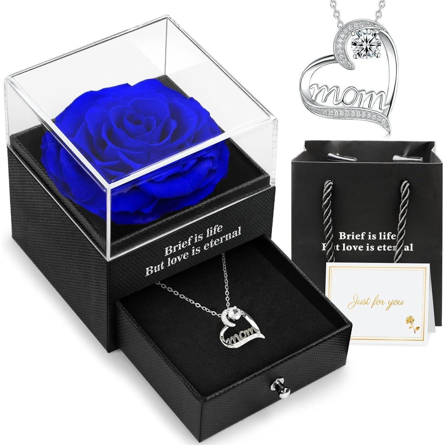 Hnustbo Schmuckset Muttertagsgeschenk echte Rose 'Mom' Halskette konserviert Blume Mama