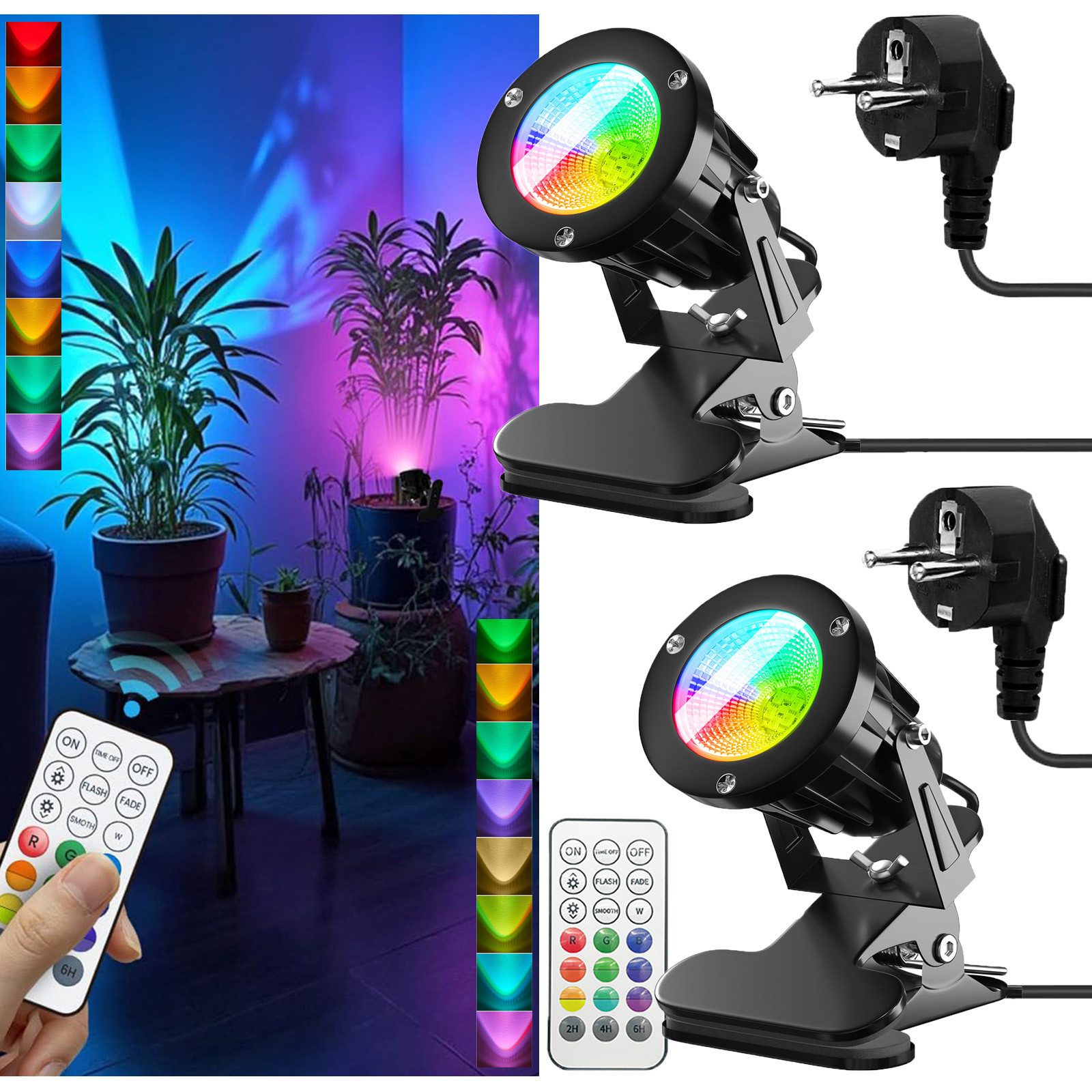 MUPOO LED Deckenstrahler RGB Klemmleuchte mit Fernbedienung 7 Helligkeitsstufen, 3 Modi und Timer, LED fest integriert, Pflanzenbeleuchtung, Akzentlicht
