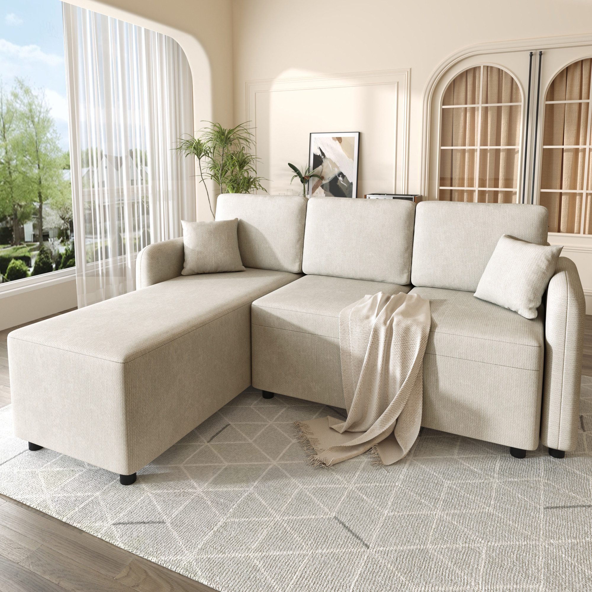 Merax Ecksofa mit Chenille-Bezug, L-förmiges Sofa mit Schaumstoff, 1 Teile, 3-Sitzer-Sofa mit 2 Kissen & Massivholzrahmen, 187,5 × 144 × 85,5 cm