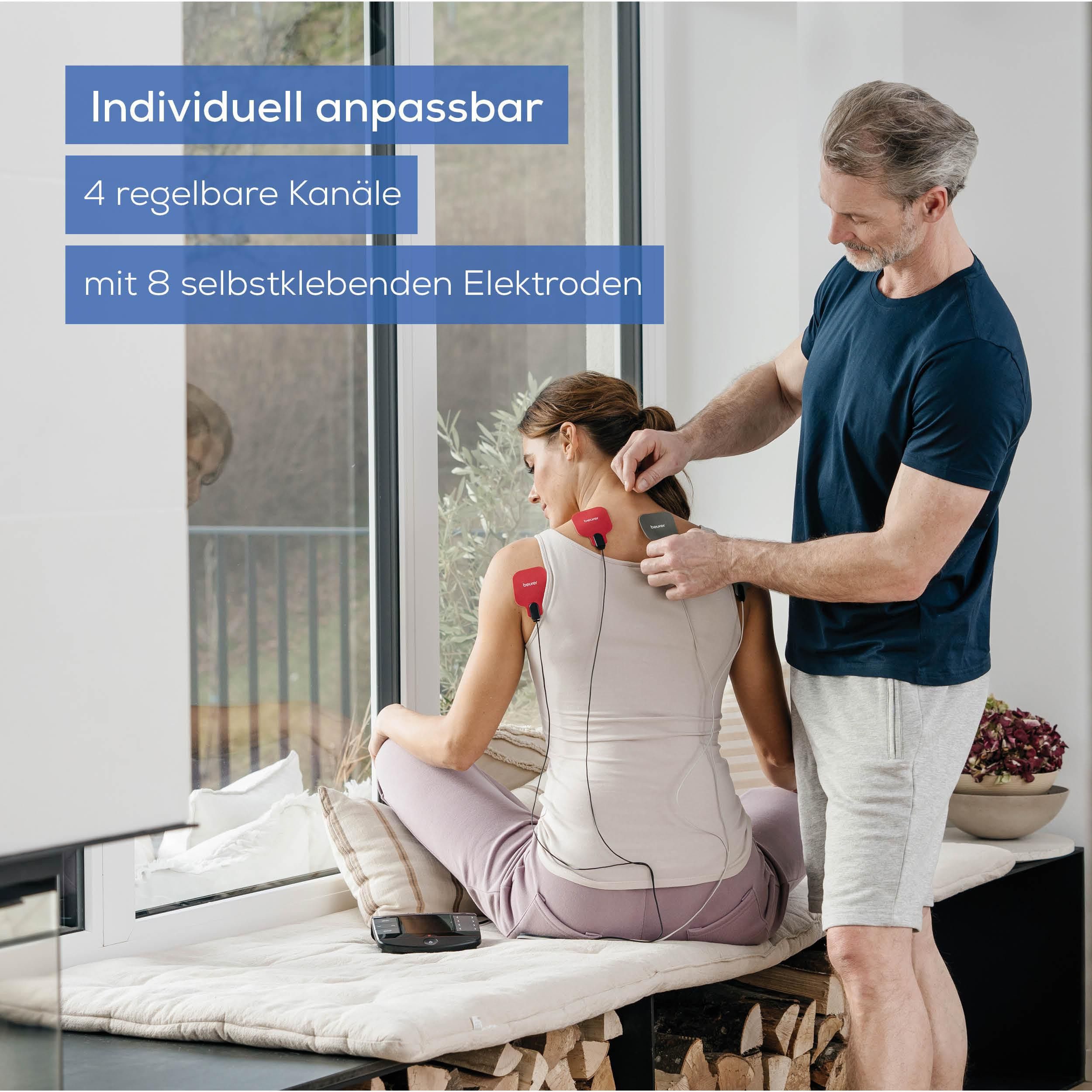 BEURER TENS-EMS-Gerät EM 89 in 4-in-1 Funktion: TENS, EMS, Massage, Wärme, (Inkl. 8 selbsthaftenden Gel-Pads), Mit 8 Elektroden für eine großflächige Anwendung auch am Rücken