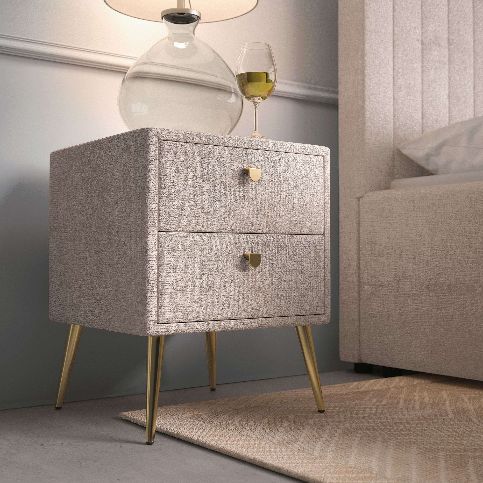 OTTO home Nachtschrank MOIVREE Polster-Nachtkommode wahlweise mit 2 Schubladen oder Fächer Nako auf goldenen Beinen, Maße B/T/H: 41/40,5/53,5cm, passend zum Bett