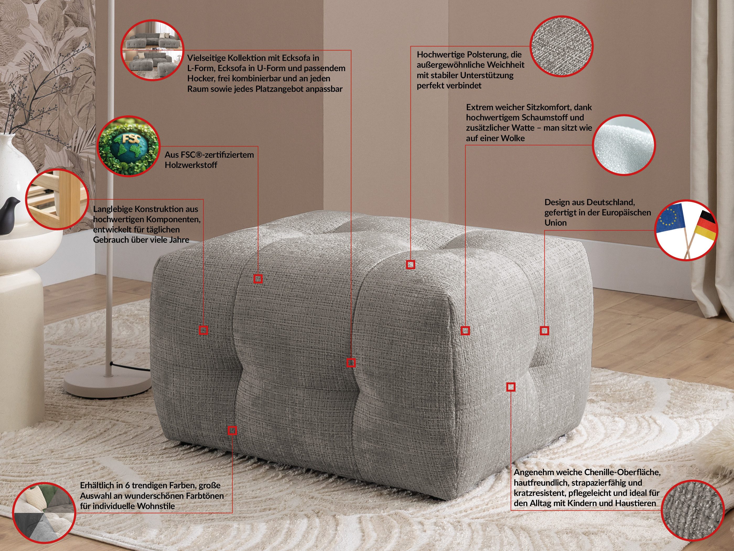 S-Style Möbel Polsterhocker Kozy im Bumpy-Design aus weichem Chenille-Stoff mit hohem Sitzkomfort