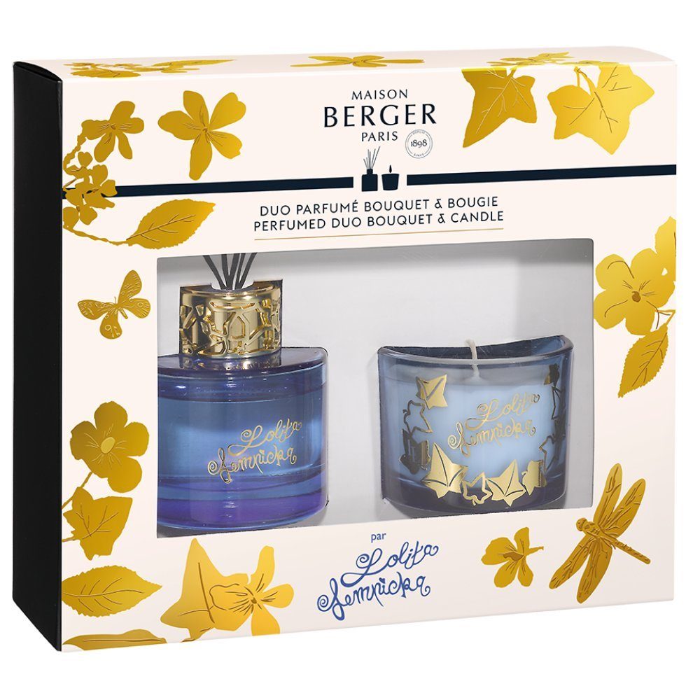 MAISON BERGER PARIS Diffuser Lolita Lempicka Set Stäbchenduft + Duftkerze inkl. Duftstäbchen, Flacon + Duft + Stäbchen - alles inklusive und sofort einsatzbereit, Geschenkset enthält 1 Duftkerze Lolita Lempicka Flieder