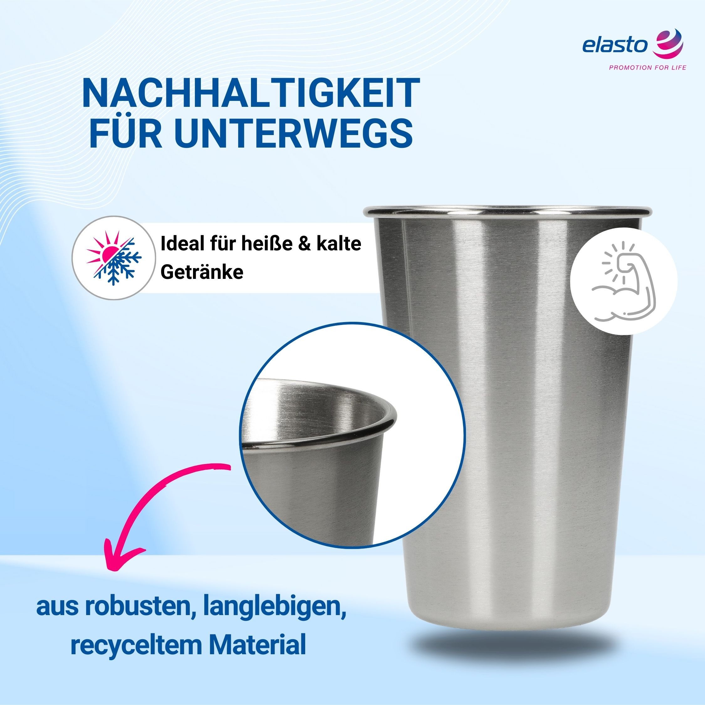 elasto Becher Edelstahl Trinkbecher to go 500 ml METALLO perfekt für unterwegs, Edelstahl, robust, camping geschirr, wandern, Becher für Partys